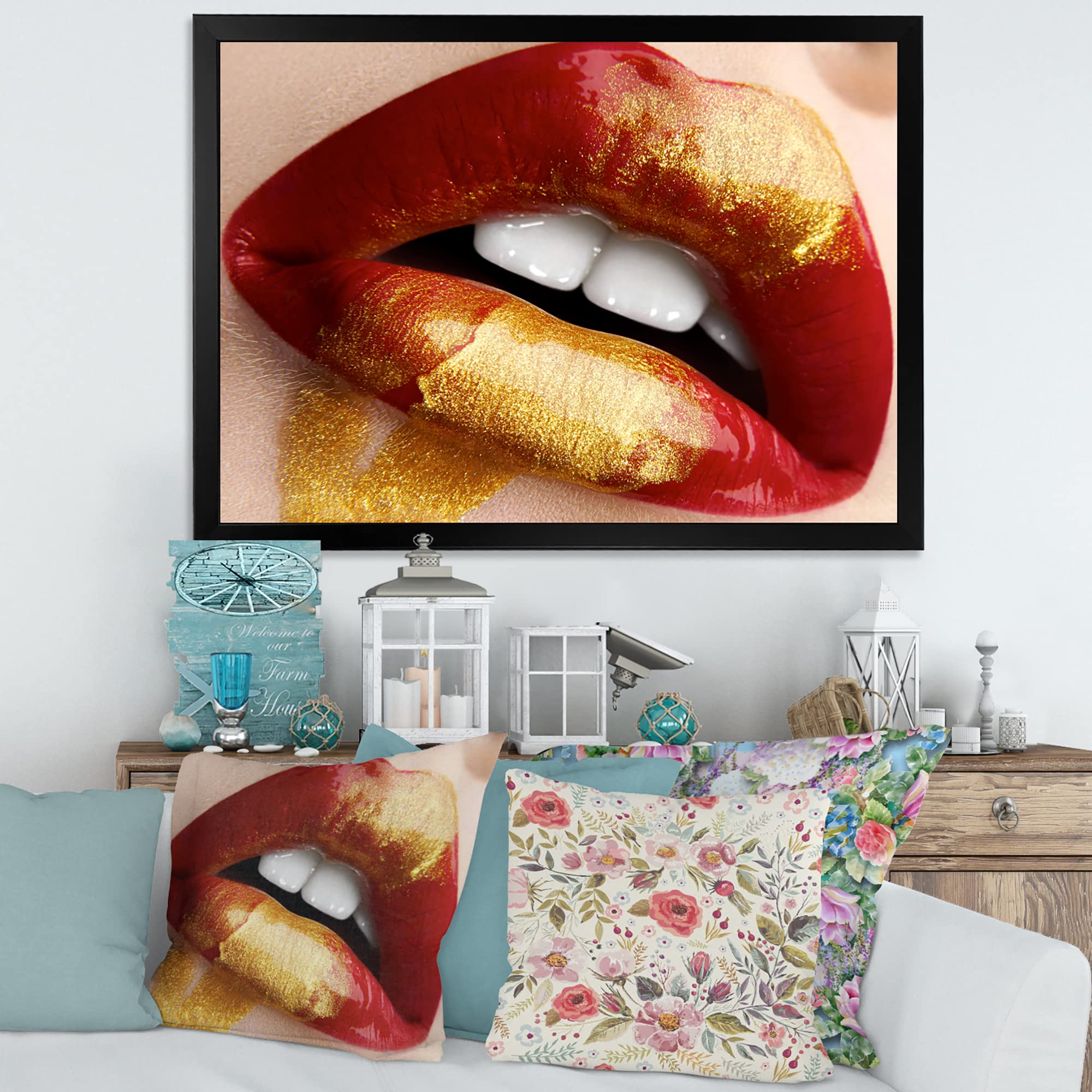 Plump Woman Lips Red Gold Modern Framed Wall Art - Elegant Home Decor for Living Room, Bedroom & Office
