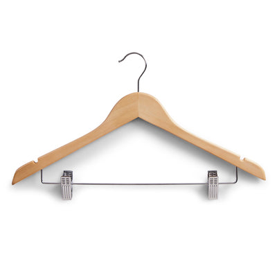3-Piece Wooden Clothes Hanger Set With Clips - Natural Wood Hangers for Pants, Skirts & Scarves - Space Saving Closet Organizer for Home & Dorm