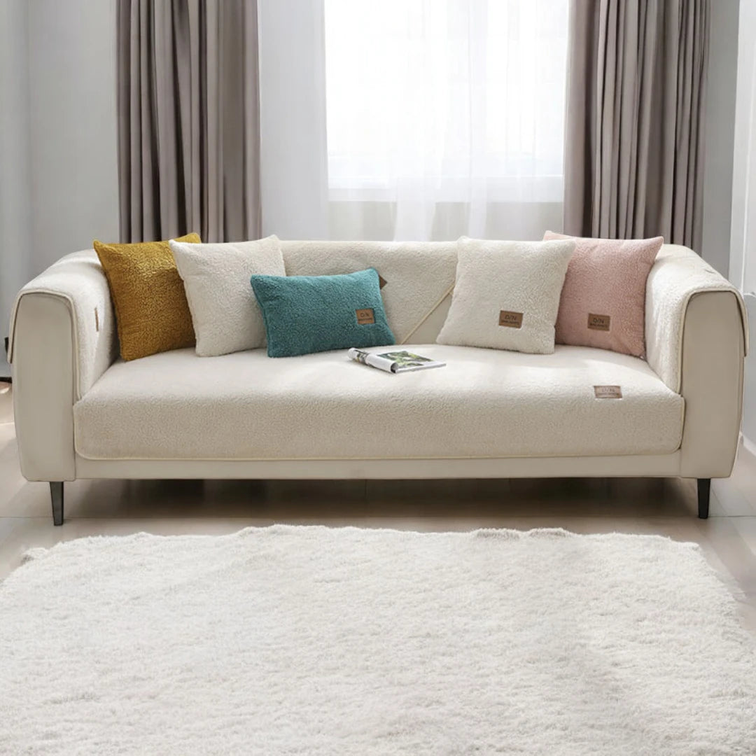 Lena Faux Lambswool Sofa Cover Slipcover - Soft Stretchable Couch Protector for Living Room, Bedroom, Home Decor (3-Seater, Beige) | Easy to Clean & Anti-Slip Design