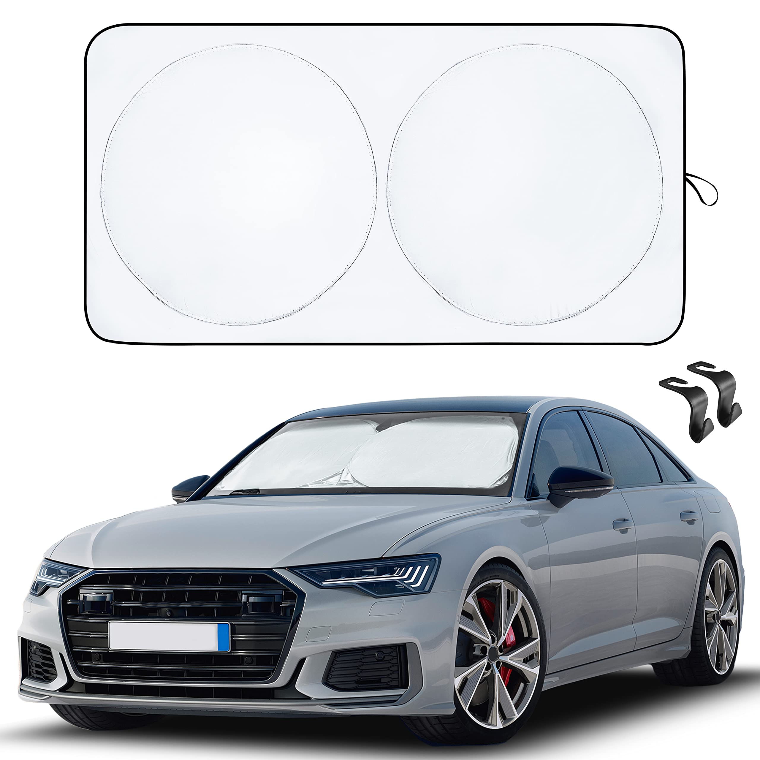 EcoNour 2-Pack Car Windshield Sun Shade with Bonus Headrest Hooks | 240T Premium Material Sun Visor for UV & Heat Protection | Universal Fit (64