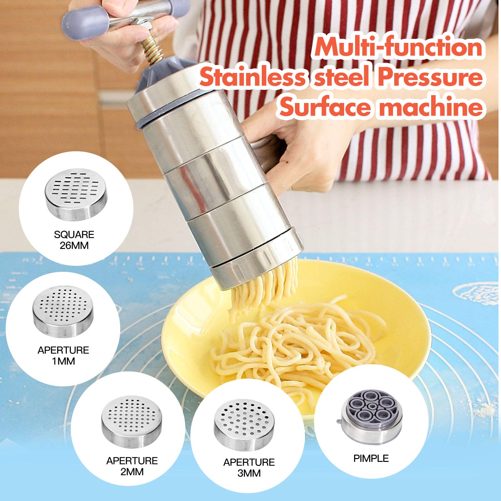 Stainless Steel Manual Pasta Maker - Hand Crank Spaghetti & Fettuccine Noodle Press Machine with 5 Interchangeable Molds & Fruit Juicer Attachment (18.5x14cm) - Perfect for Homemade Italian Pasta, Asian Noodles & Fresh Juice Extraction
