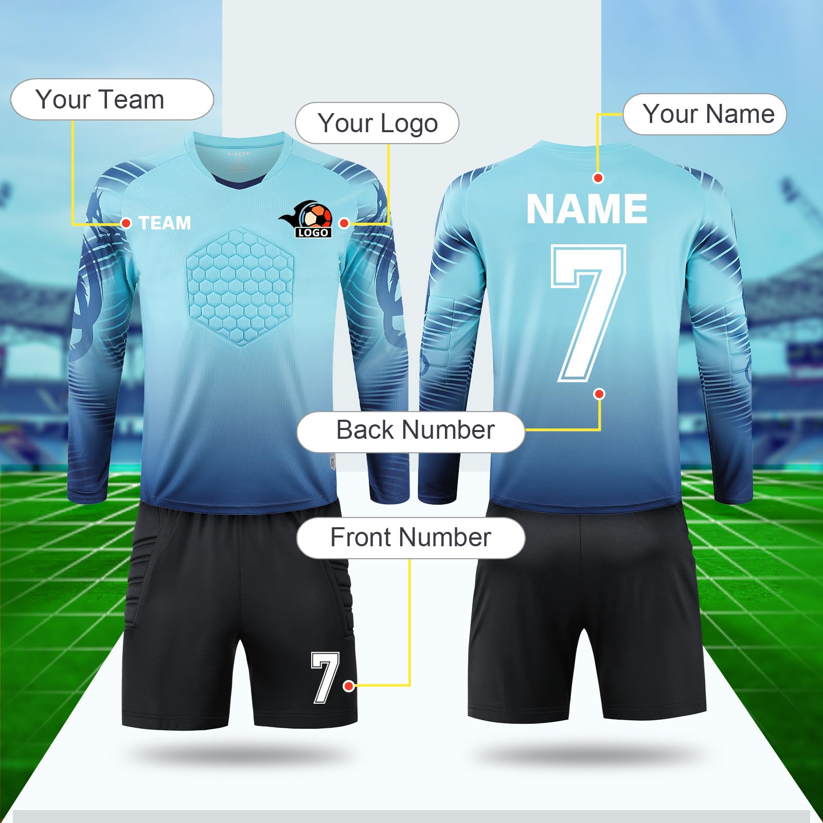 Custom Personalized Goalie Jersey Soccer Uniform for Adults & Kids - Long Sleeve Shirt & Pants with Name & Team Logo - Perfect for Goalkeepers, Team Sports, and Soccer Training