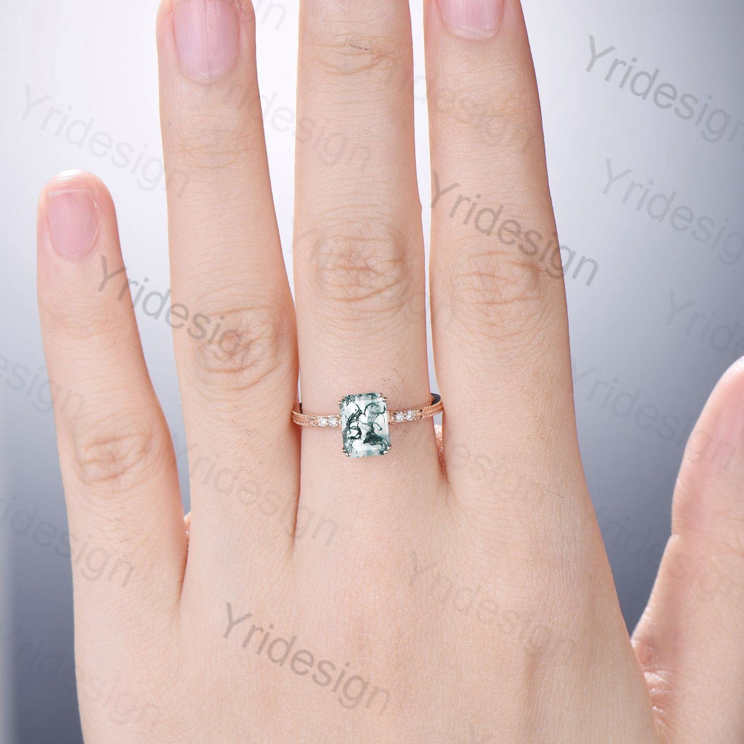Emerald Cut Moss Agate Diamond Ring in 14K Rose Gold - Minimalist Dainty Green Agate Engagement Ring for Women - Five Stone Milgrain Anniversary Band - Perfect for Proposals, Weddings & Special Occasions