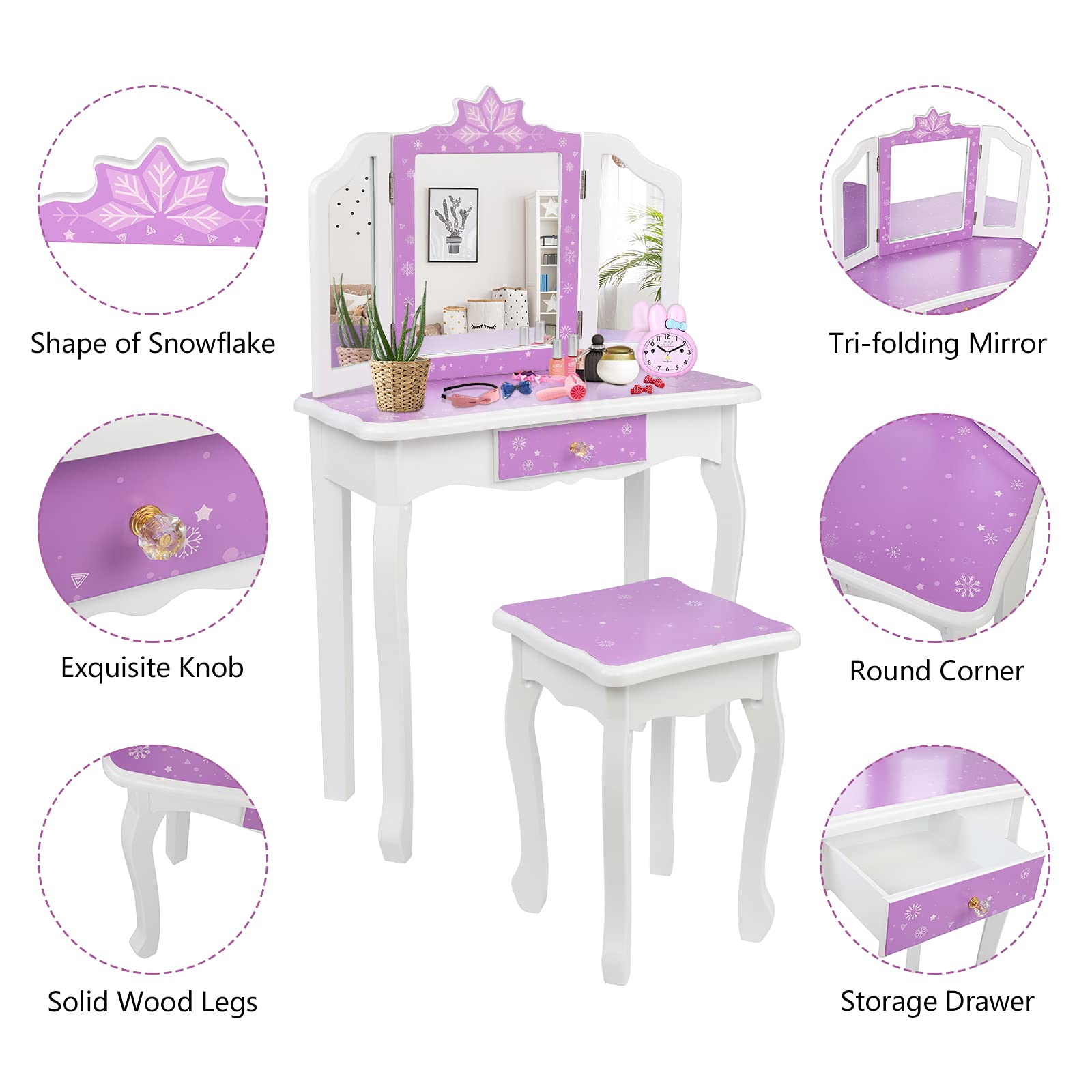 **Princess Vanity Set for Girls Ages 3-9 – Kids Makeup Dressing Table with Stool, Tri-Folding Mirror & Drawer – 2-in-1 Toddler Vanity (Purple) – Perfect for Pretend Play, Birthday Gifts & Bedroom Decor**