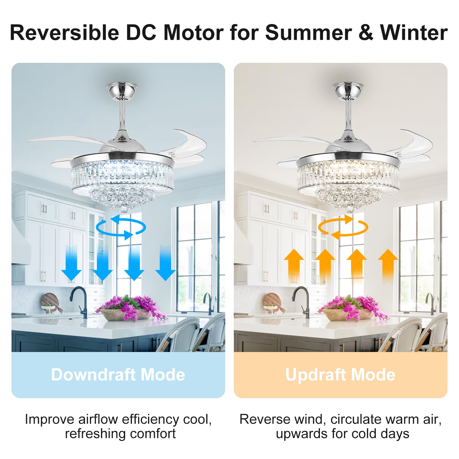36'' Silver Retractable Crystal Chandelier Fan with Light - Remote Control, Dimmable, Reversible Blades - Perfect for Dining Room, Living Room & Bedroom Ceiling Decor | Elegant Cooling & Lighting Solution for Home & Office