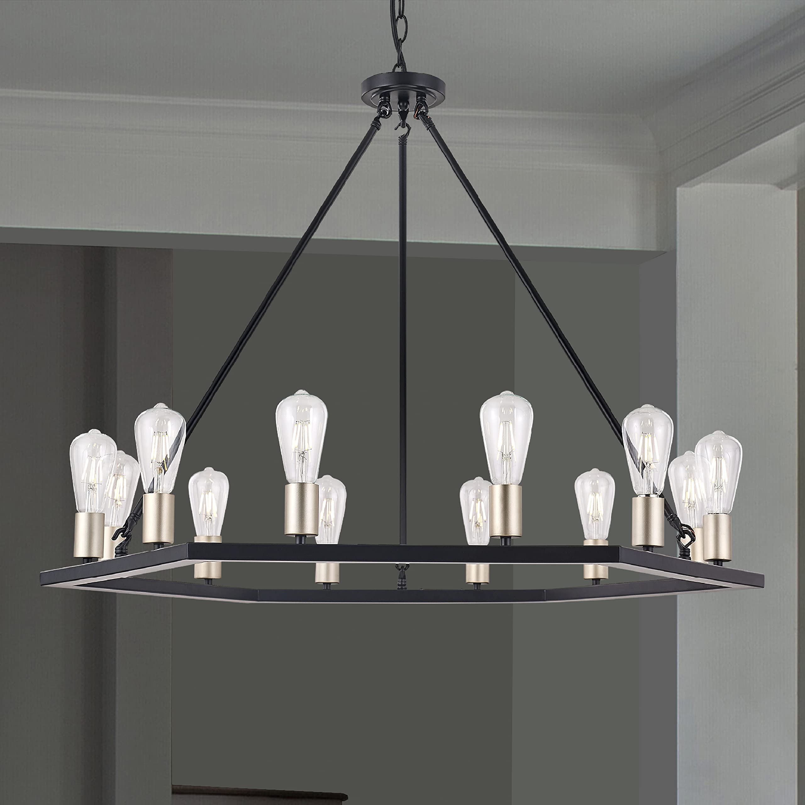 Vanity Art 12-Light Wagon Wheel Chandelier - Farmhouse Rustic Ceiling Light Fixture with Candle-Style Bulbs for Living Room, Kitchen, Dining Room (MLT3112LT-BD-BK) - Perfect for Country Homes, Barn Weddings & Cozy Cabin Decor