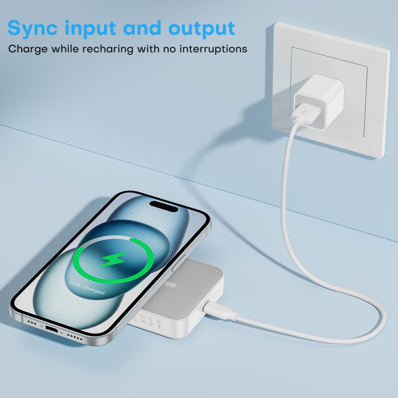 OMOTON 10000mAh Magnetic Wireless Power Bank - Fast Charging Portable Charger for iPhone 15/14/13/12/11 Series with LED Display & Foldable Stand | Perfect for Travel, Work & Outdoor Activities (Gray White)