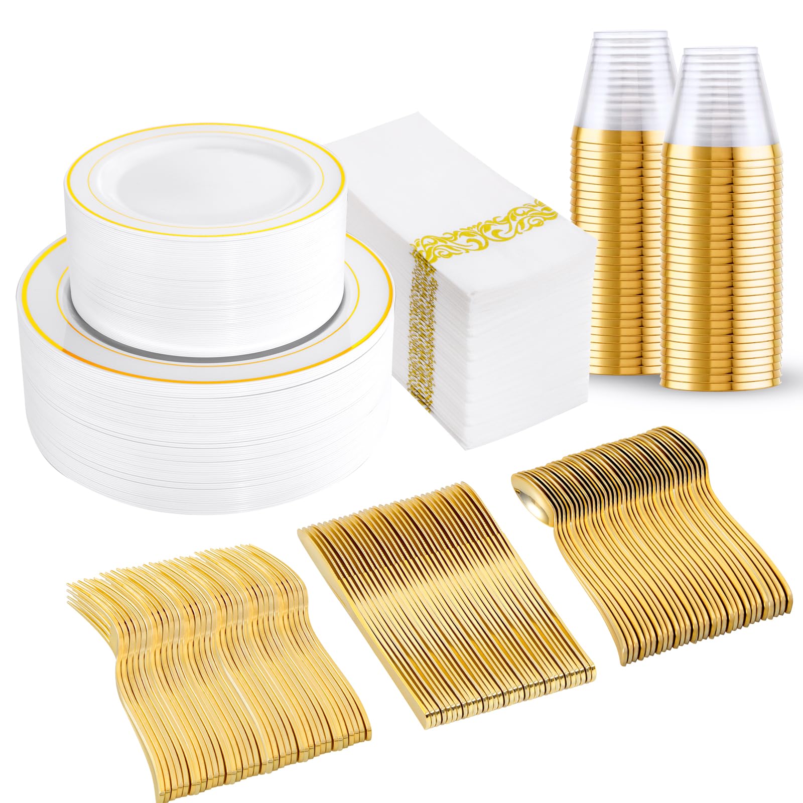 350-Piece Gold Plastic Dinnerware Set for 50 Guests - Disposable Plates, Forks, Knives, Spoons, Cups & Napkins - Elegant Party Tableware for Weddings, Birthdays & Events
