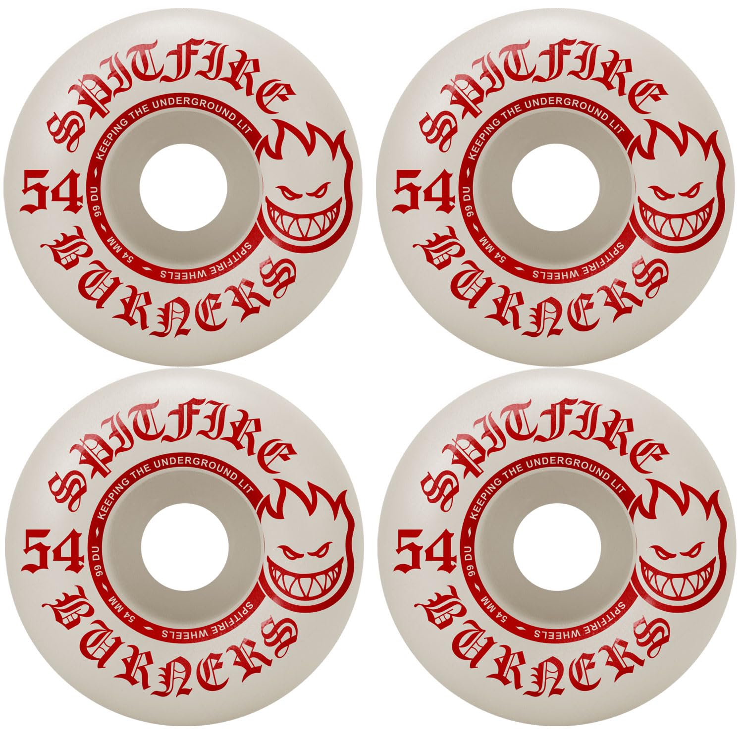 Spitfire Skateboard Wheels Burners 54mm 99A Hardness White/Red - High Performance Wheels for Street Skating, Park Riding & Cruising