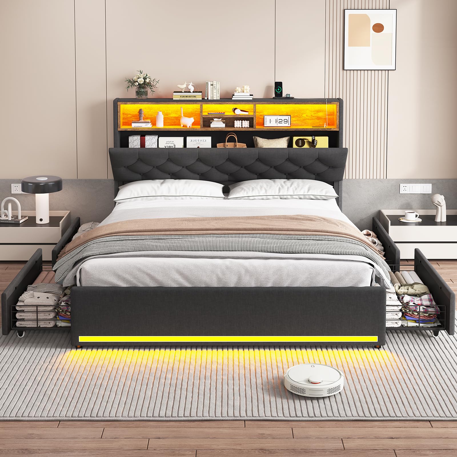 Queen Size Upholstered Platform Bed Frame with Hidden Storage Headboard, 4 Drawers, LED Lights & USB Charging Station - No Box Spring Needed, Noise-Free, Dark Grey - Perfect for Small Bedrooms, Guest Rooms & Modern Apartments