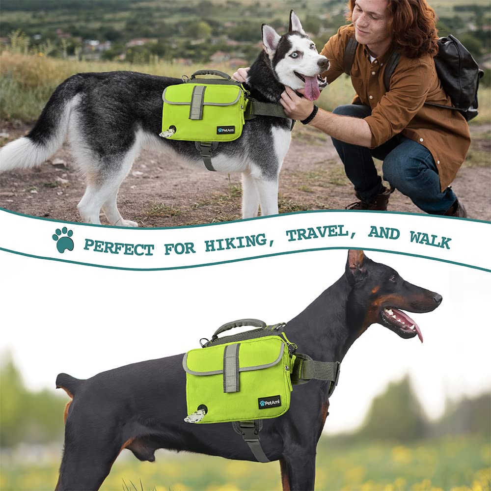 PetAmi Dog Backpack for Medium & Large Dogs - Adjustable Saddle Bag Carrier with Reflective Safety Pockets - Perfect for Hiking, Camping & Travel Accessories (Green, Medium) - Ideal for Outdoor Adventures, Dog Walking & Pet Travel Gear