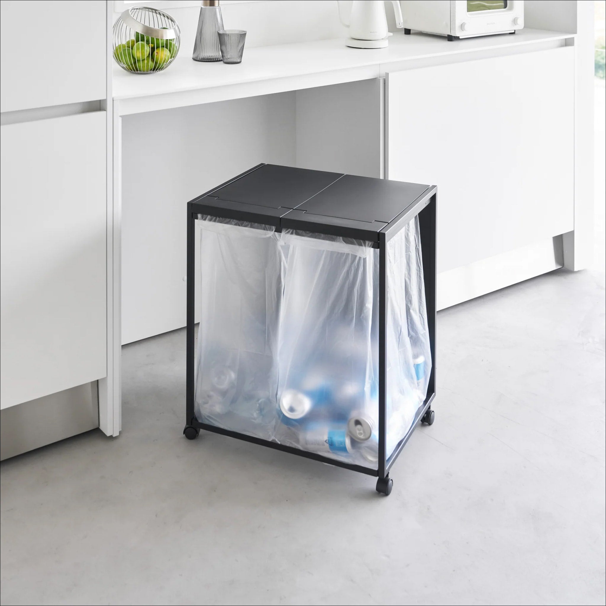 YAMAZAKI 2-Compartment Rolling Trash Can with Wheels for Kitchen, Office, or Bathroom - Black, Space-Saving Recycling Bin for Waste Separation