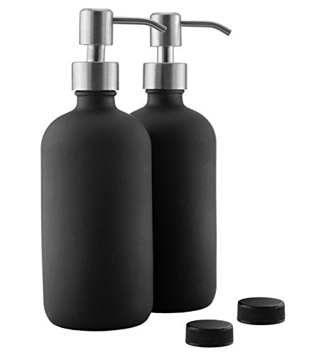 16oz Black Glass Bottles with Stainless Steel Pumps (2 Pack) - Airtight Black Coated Boston Round Bottles for Lotion, Hand Soap & Essential Oils Dispensers | Perfect for Bathroom, Kitchen & Salon Use