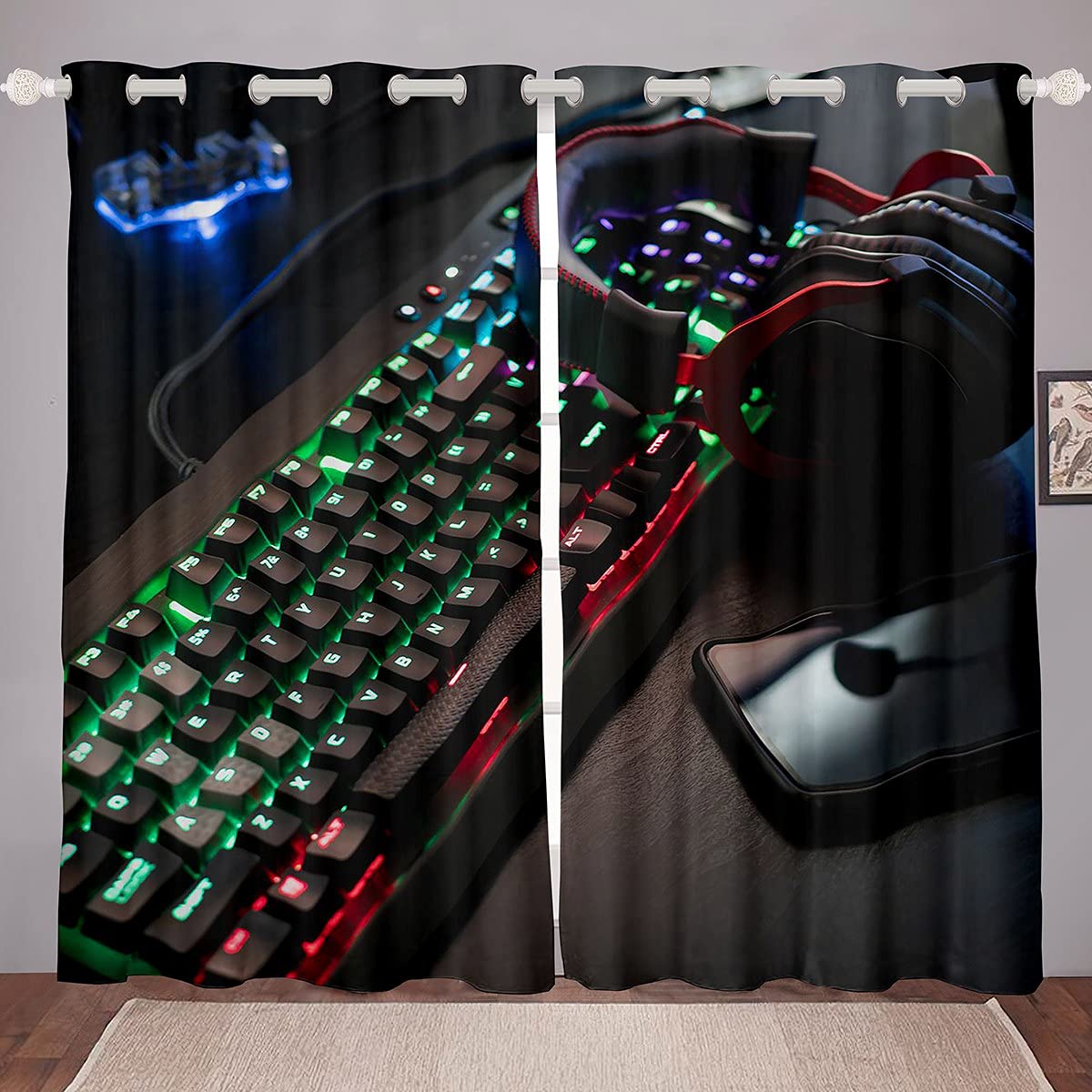 Castle Fairy Gaming Room Curtains 42x63 Inch - Gamer Headset Keyboard Mouse Design for Kids & Teens - Video Game Themed Window Treatments for Bedroom & Game Room Decor