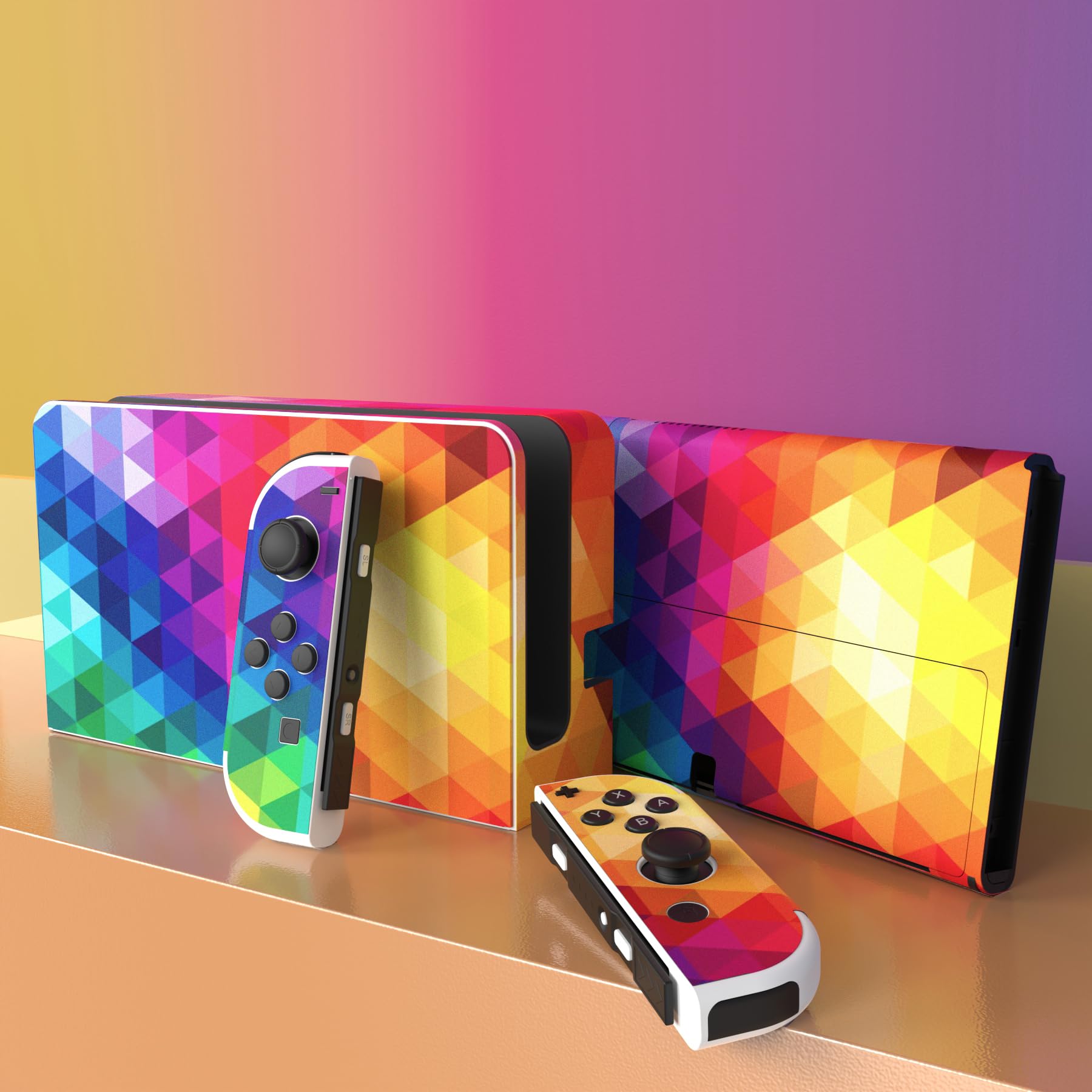 PlayVital Full Set Protective Stickers for Nintendo Switch OLED Model - Custom Vinyl Decal Skins for Switch OLED Console, Joycon, Dock & Grip - Colorful Triangle Design - Perfect for Gaming Protection and Personalization