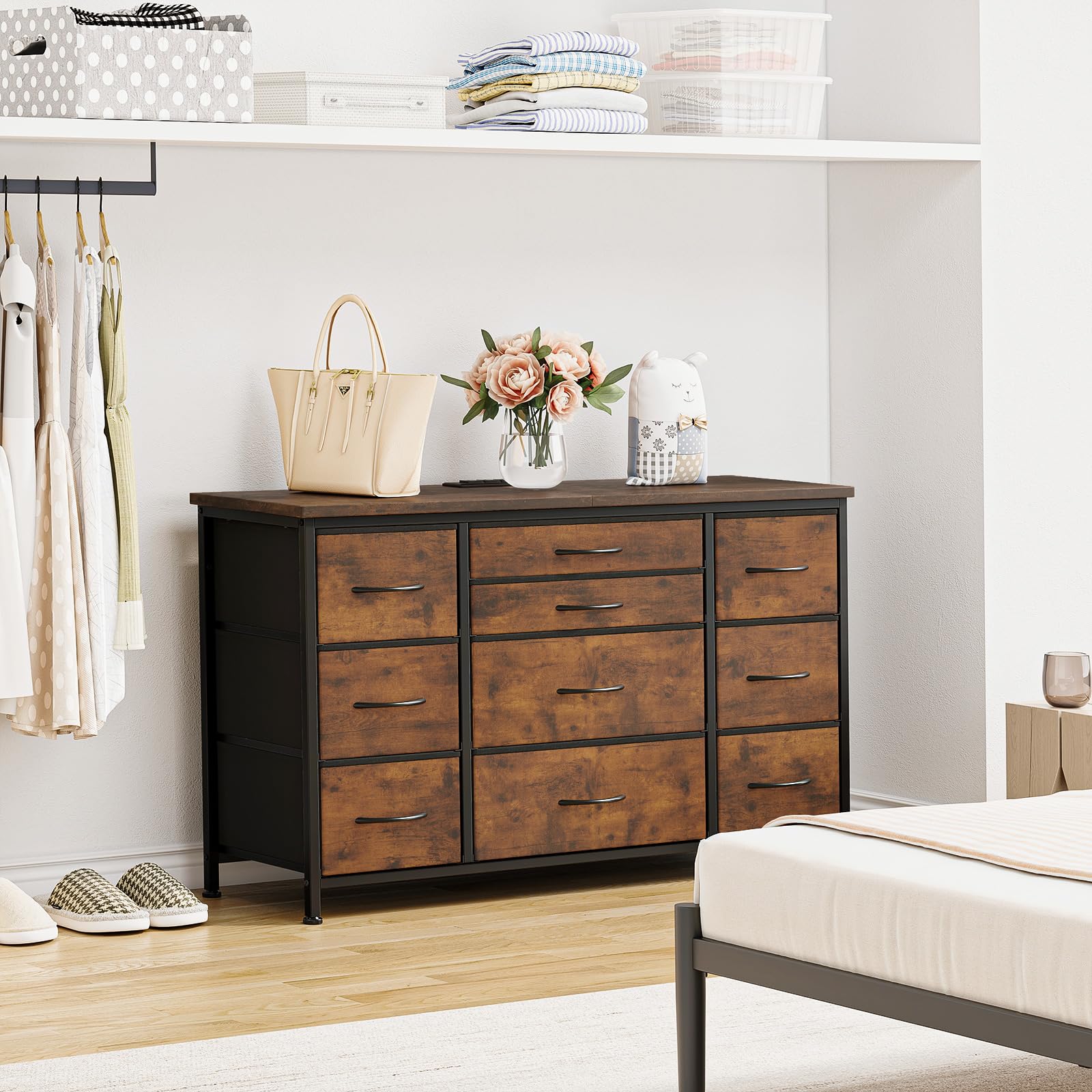 Jojoka 10-Drawer Wide Dresser with Power Outlet - 55 Inch TV Stand & Entertainment Center, Rustic Brown Storage Cabinet with Sturdy Metal Frame for Bedroom, Closet, Entryway - Perfect for Organizing Clothes, Electronics & Home Decor