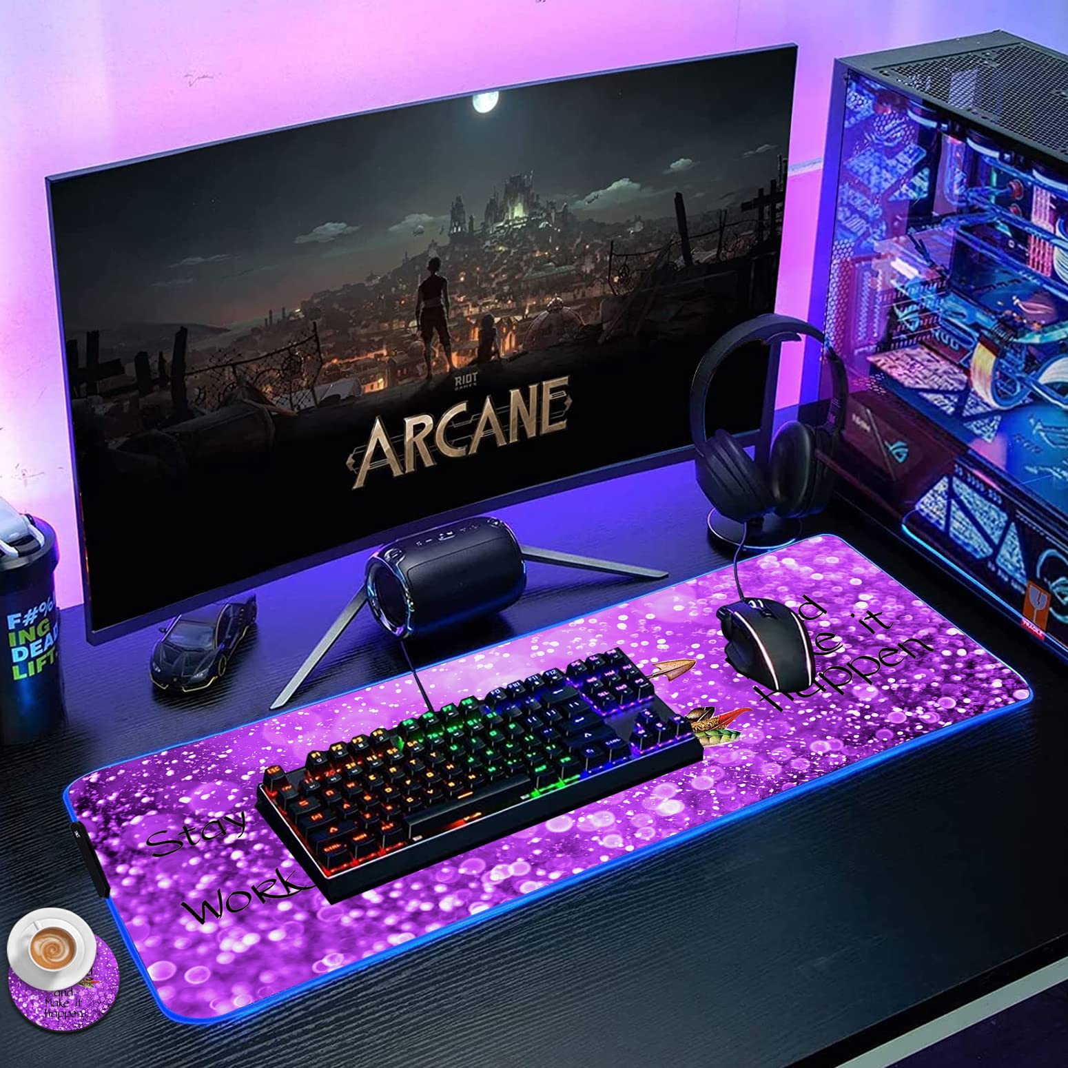 RGB Gaming Mouse Pad - Large LED Light-Up Desk Mat with Non-Slip Base, Purple Motivational Design for PC Gamers & Office Workers | Perfect for Esports, Streaming & Home Office Setup