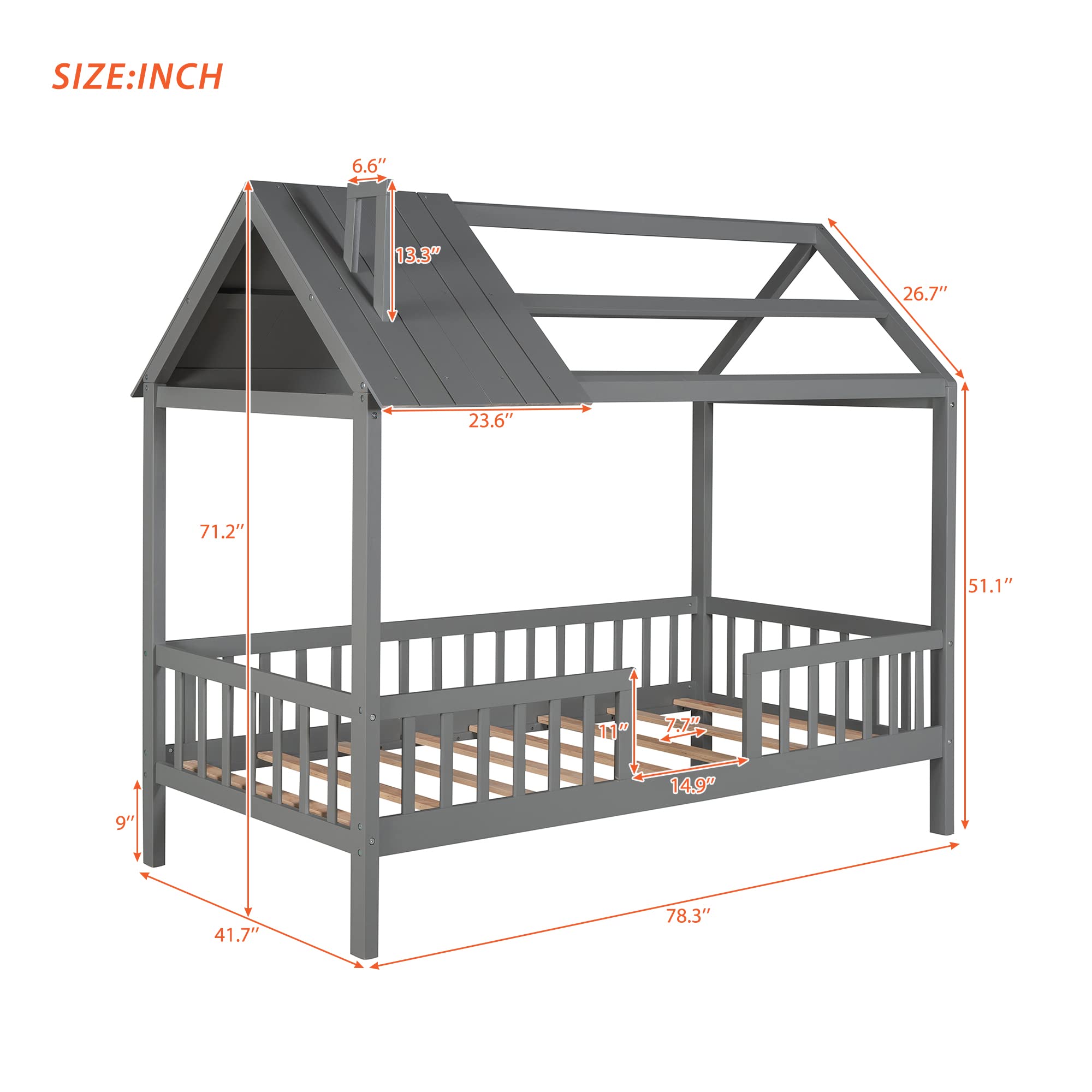 **Montessori Twin House Bed for Kids - Solid Wood Playhouse Tent Bed with Fence & Roof - Gray Twin Size Bed Frame for Kids, Teens & Adults - Perfect for Bedrooms, Playrooms & Montessori Learning Spaces**