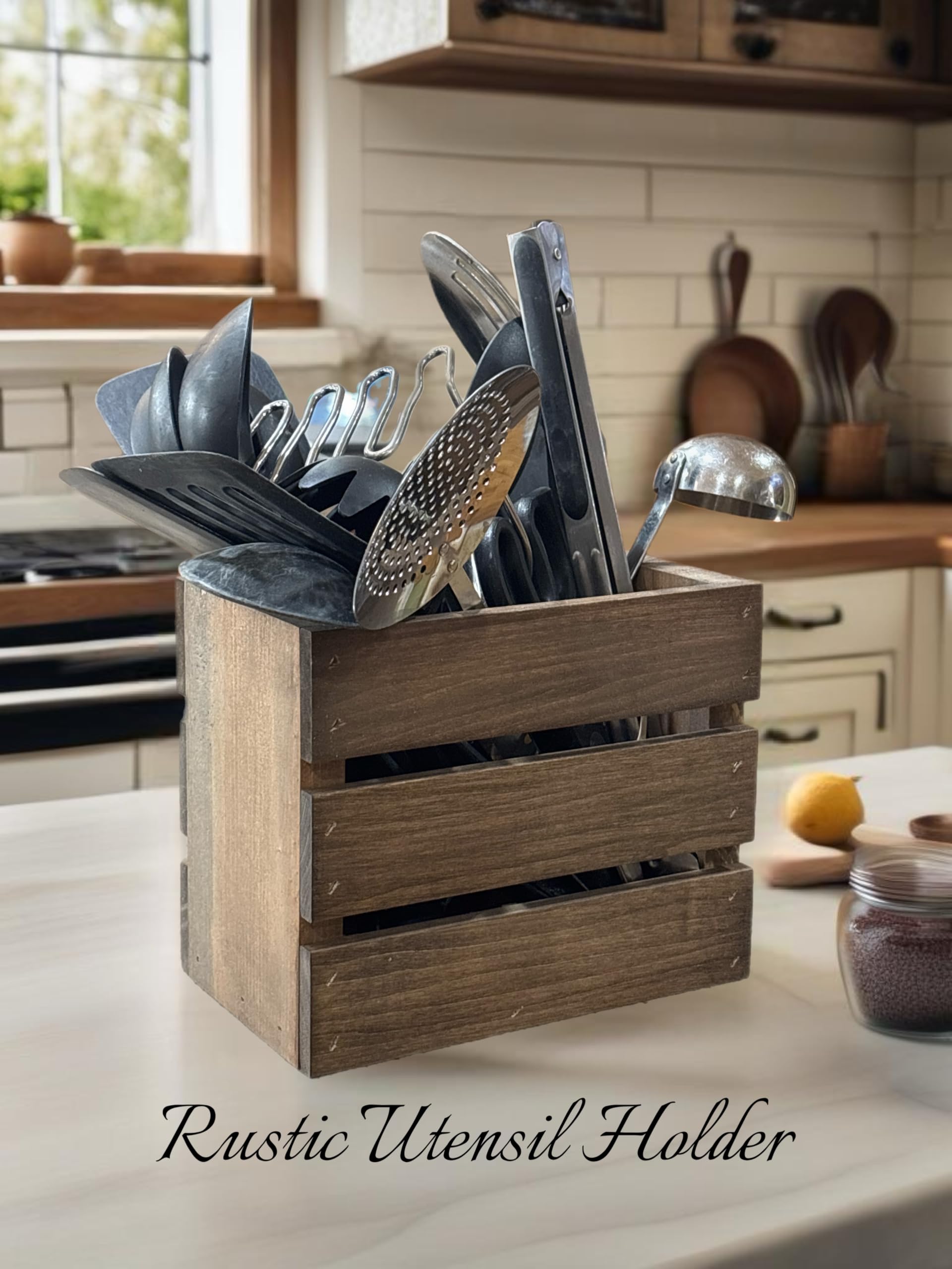 Darla'Studio 66 Wooden Crate Utensil Holder - Rustic Kitchen Organizer for Spoons, Forks & Cooking Tools - Perfect for Farmhouse, Country Style Kitchens & Dining Room Decor