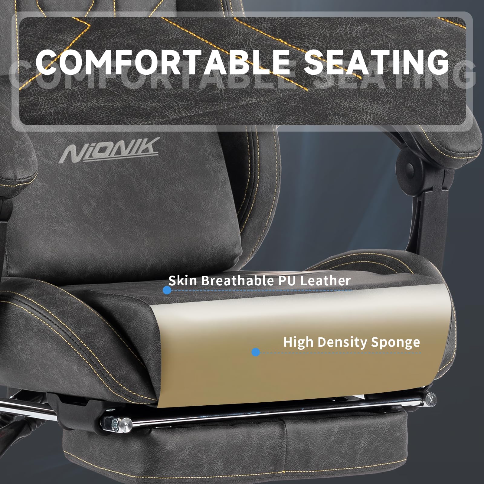 Premium Gaming Chair with Massage Lumbar Support & Footrest - Ergonomic Computer Chair with Adjustable Height & Linkage Armrests - PU Leather Racing Style Video Game Chair for Adults (Grey) - Perfect for Esports, Streaming & Home Office Setup