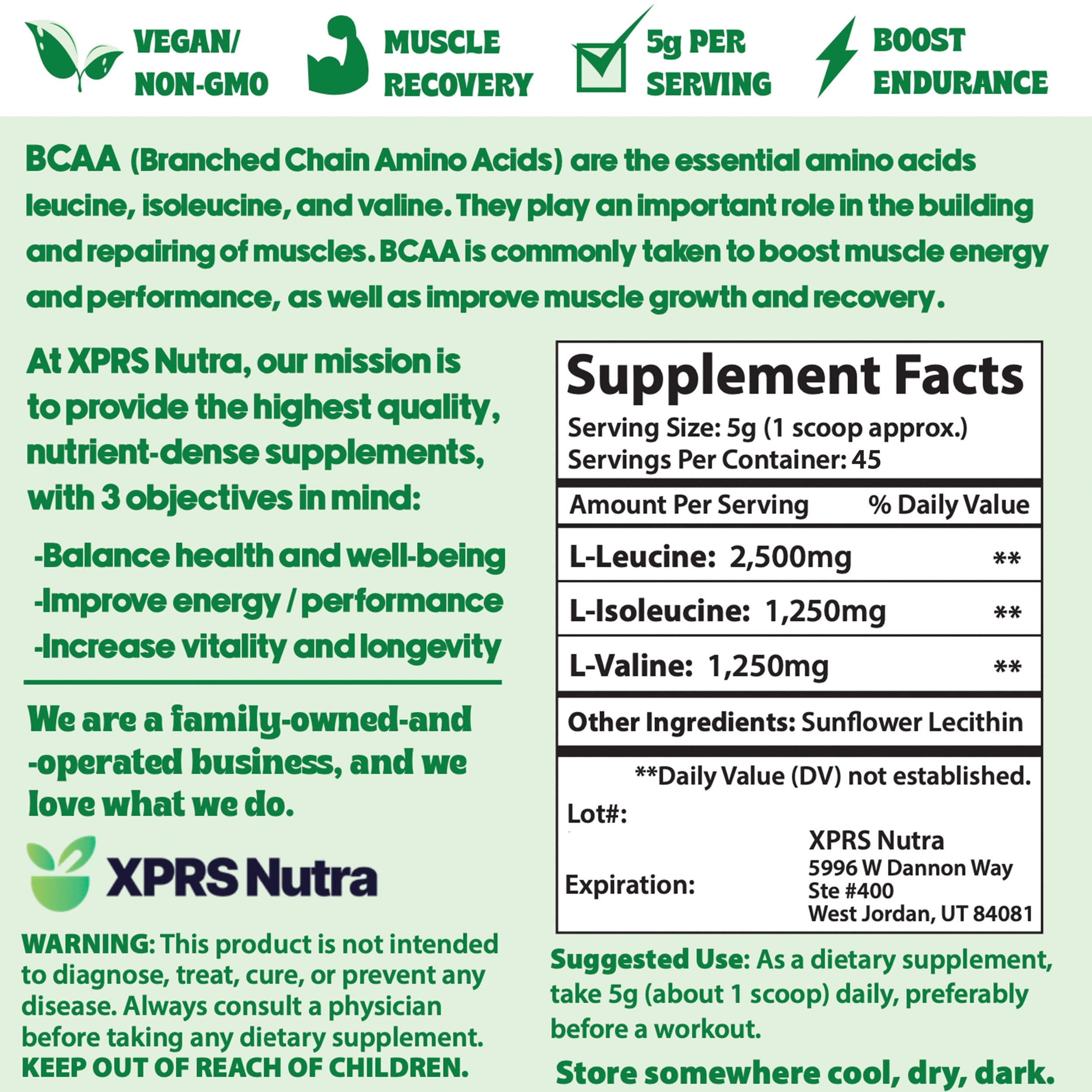 XPRS Nutra BCAA Powder - Unflavored Amino Acid Supplement for Men & Women - Muscle Recovery & Workout Performance - Post Gym Recovery Drink - 8 Ounce | Ideal for Bodybuilding, Fitness Training & Athletic Performance