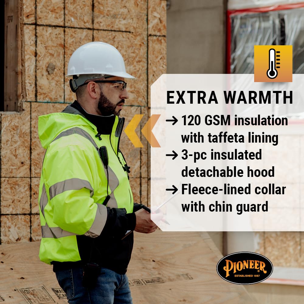 Pioneer Class 3 Hi-Vis Waterproof Heated Safety Jacket for Men - Winter Reflective Bomber Jacket with Detachable Hood - Ideal for Construction, Road Work & Outdoor Winter Activities