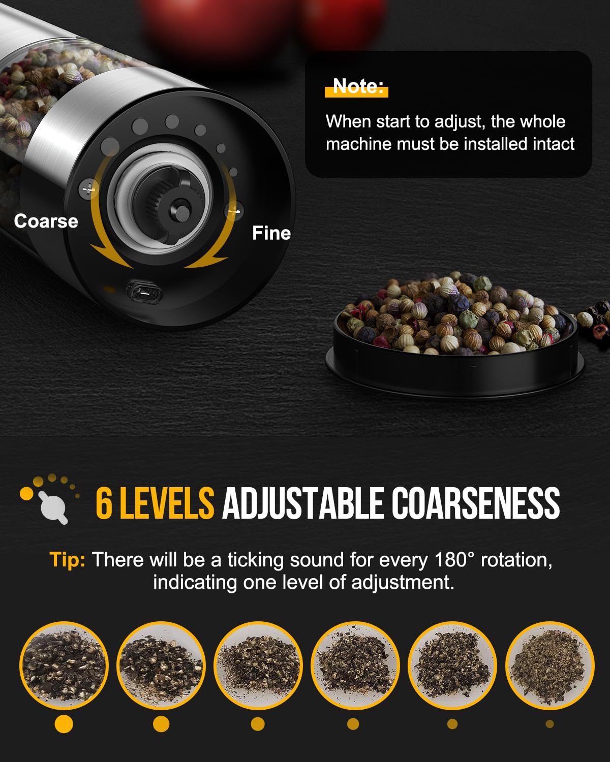 Upgraded 66g Large Capacity Rechargeable Electric Salt and Pepper Grinder Set - 2 Pack with 6 Adjustable Coarseness Levels, Stainless Steel Automatic Spice Mill with LED Light - Perfect for Kitchen, Dining Table & Outdoor BBQ