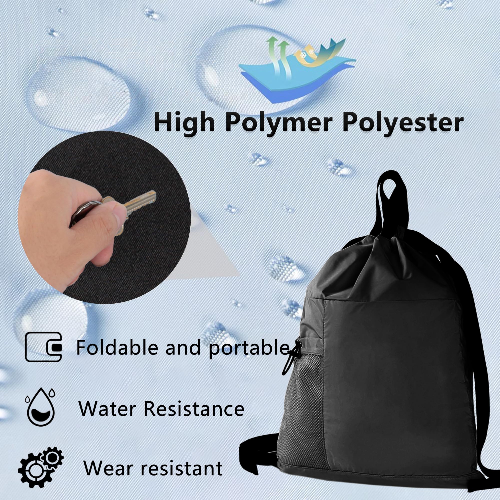 Foldable Travel Backpack - 14L Lightweight Waterproof Drawstring Gym Bag for Hiking, Swimming & Sports with Zipper Pockets & Mesh Bottle Holder - Perfect for Outdoor Adventures, Gym Workouts & Daily Commute (Black)