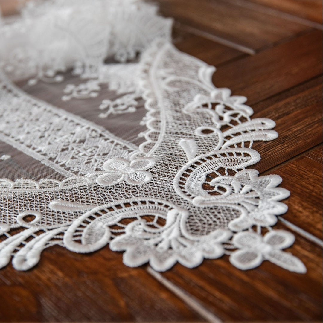 Elegant White Lace Table Runner with Floral Print - Perfect for Wedding, Party & Home Decor Dining Table Centerpiece