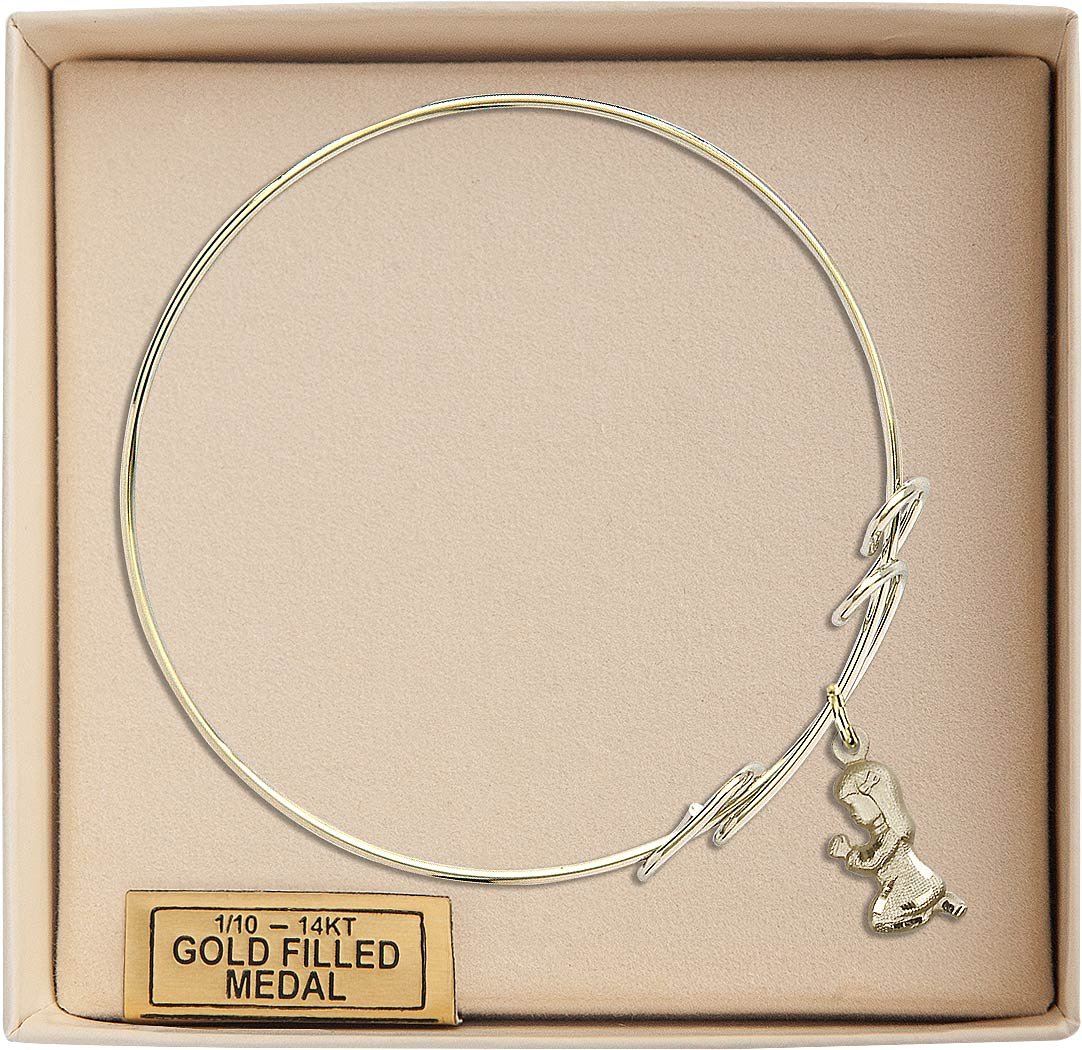 Gold-Filled Round Double Loop Bangle Bracelet with Praying Girl Charm - Elegant Jewelry for Women, Perfect for Everyday Wear, Gifts & Special Occasions