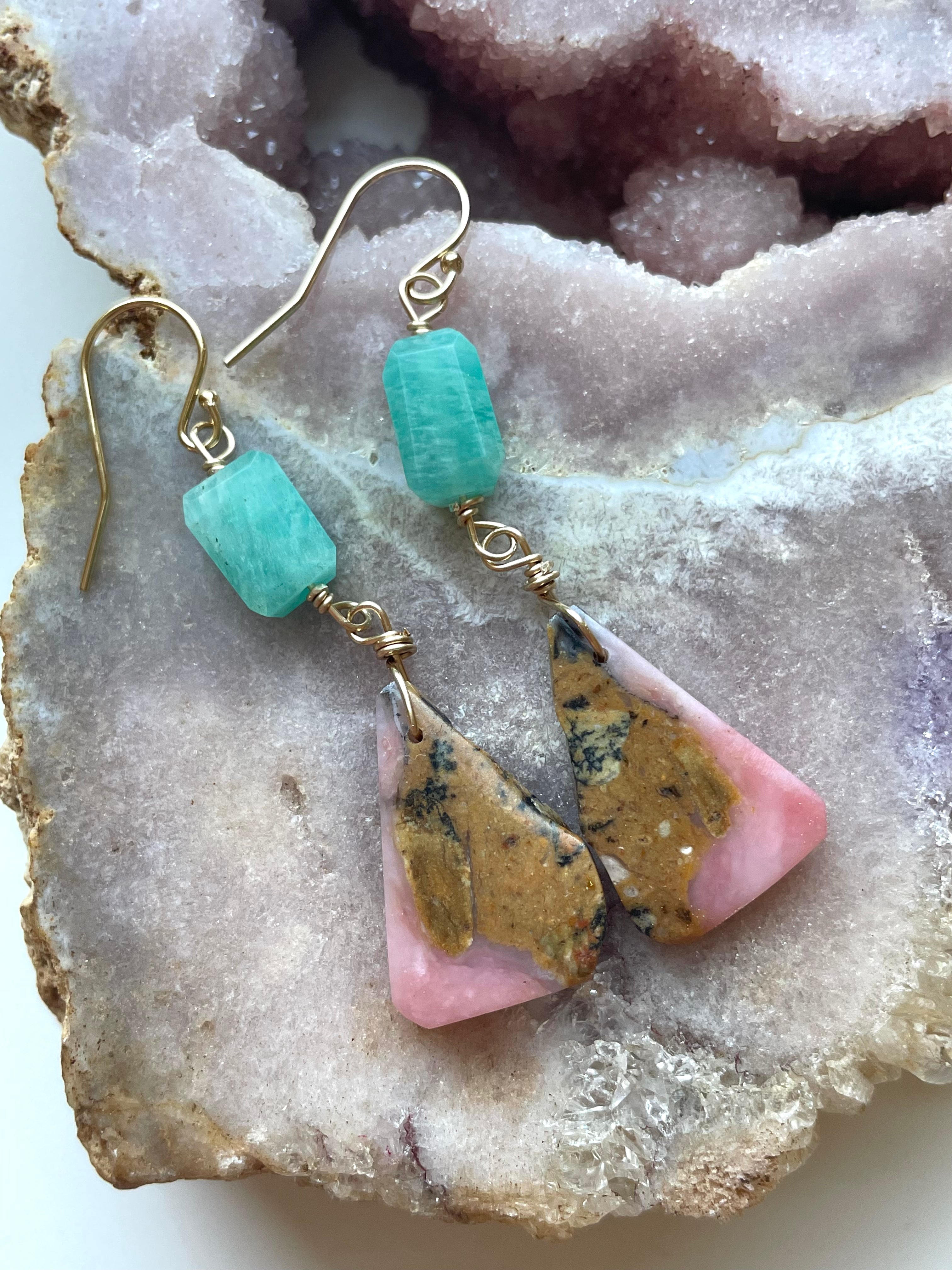 Unique Amazonite & Pink Opal Dangle Earrings in Gold Fill - Handmade Crystal Jewelry for Women - Perfect for Weddings, Parties & Special Occasions