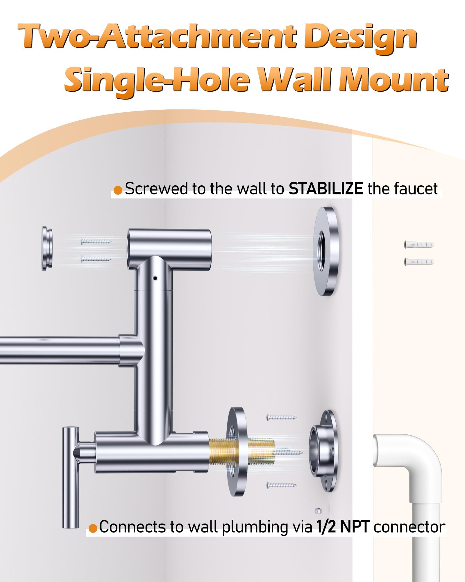 WOWOW Chrome Pot Filler Faucet - Single Hole Wall Mount Stove Faucet with Brass Construction & Double Joint Swing Arms - Perfect for Kitchen, Restaurant & Outdoor Cooking Areas