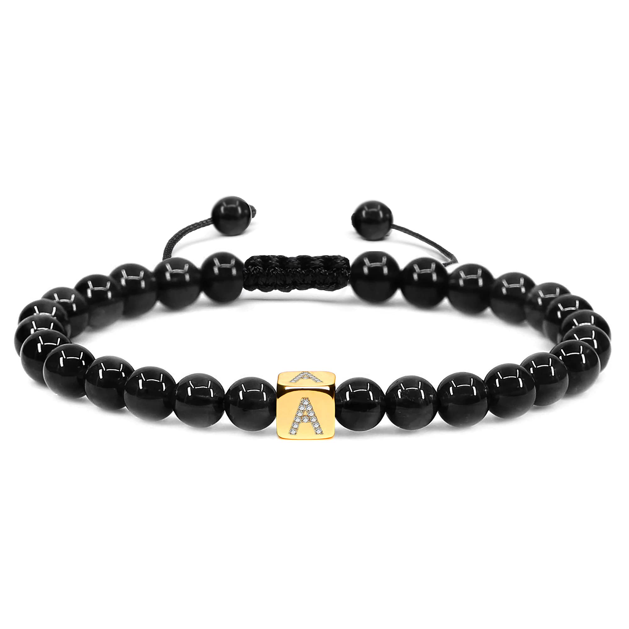 EIELO Adjustable Braided Rope Bracelet for Women & Men - Black Onyx Beads with Gold Plated Letter Charm - Initial Jewelry Gift for Birthday, Anniversary & Everyday Wear