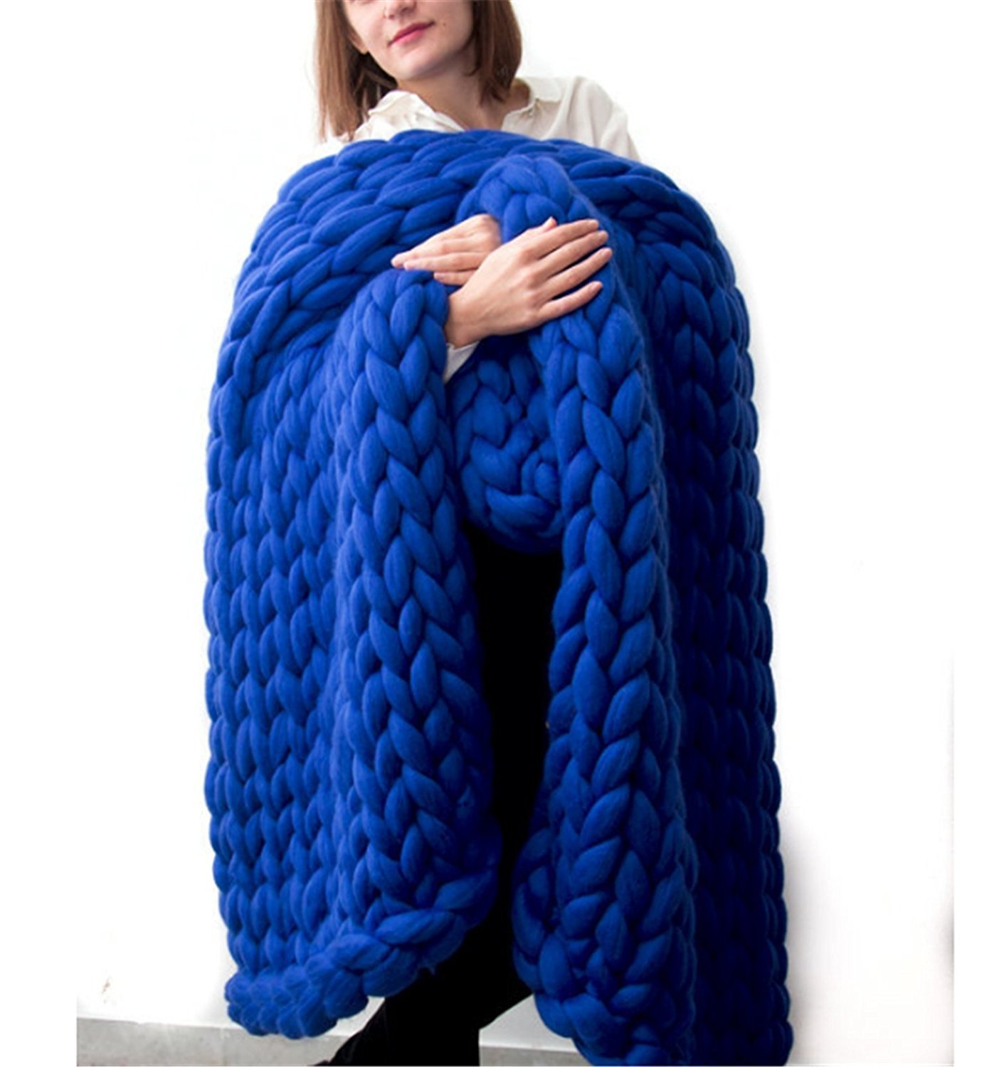 Chunky Giant Knit Throw Blanket - Handmade Bulky Knitting Yarn for Bedroom Decor, Super Large 120x180cm - Cozy Sofa Blanket, Pet Bed Cover, Yoga Mat & Home Decor Accessory in Blue