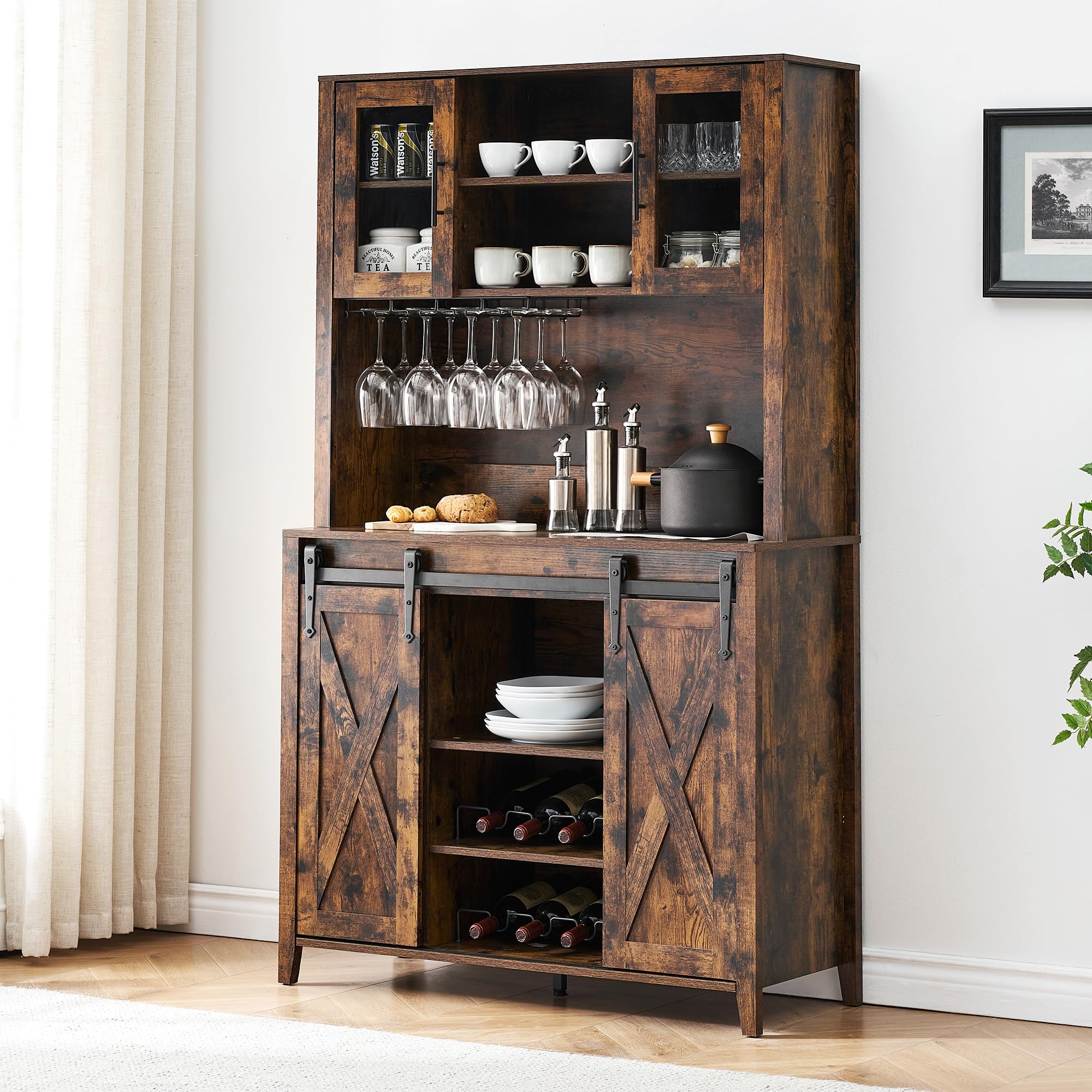 Farmhouse Coffee Bar Cabinet with Sliding Barn Door - 70
