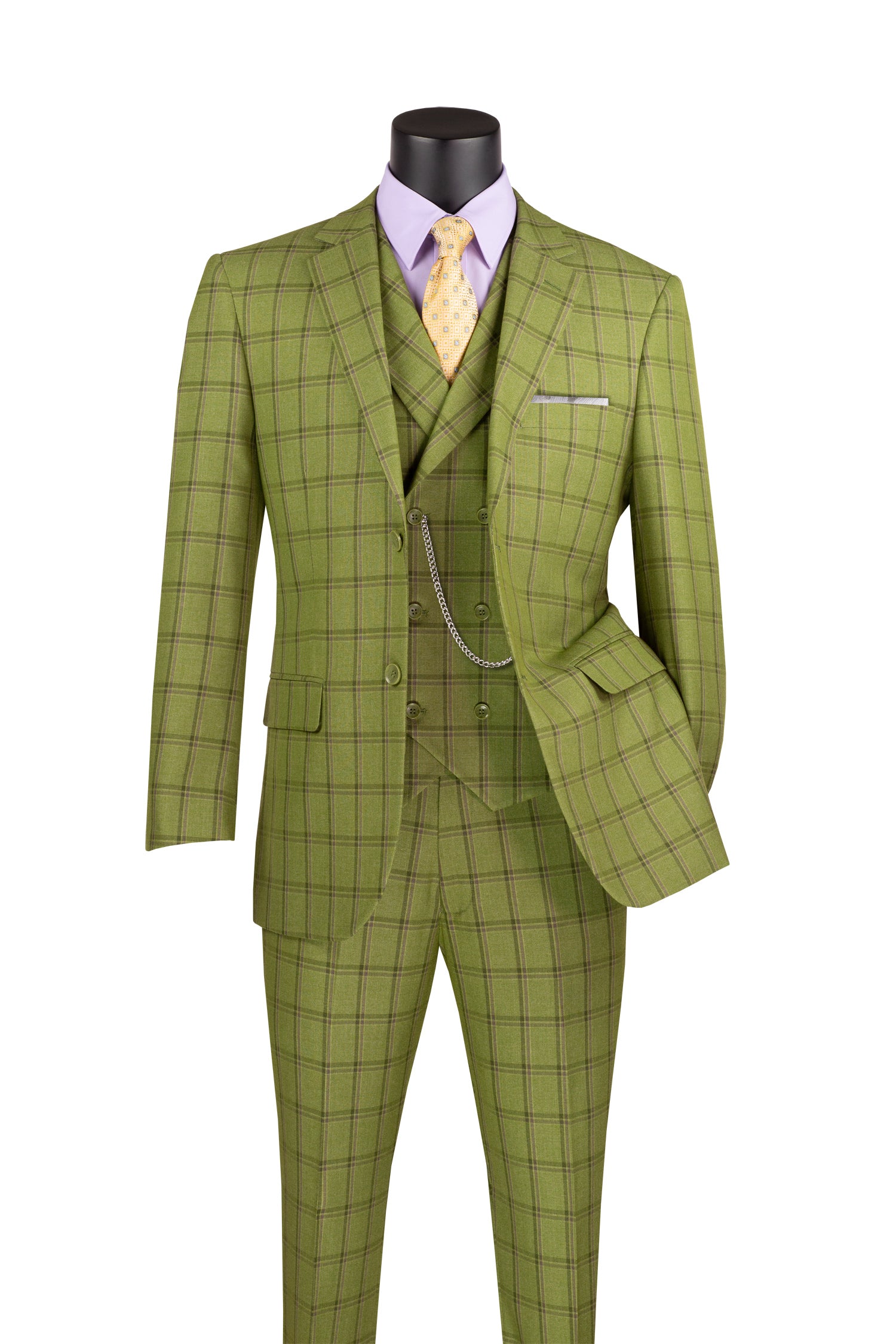 Premium Diamond Collection Modern Fit Windowpane 3-Piece Suit in Moss Green - Perfect for Business Meetings, Weddings & Formal Events