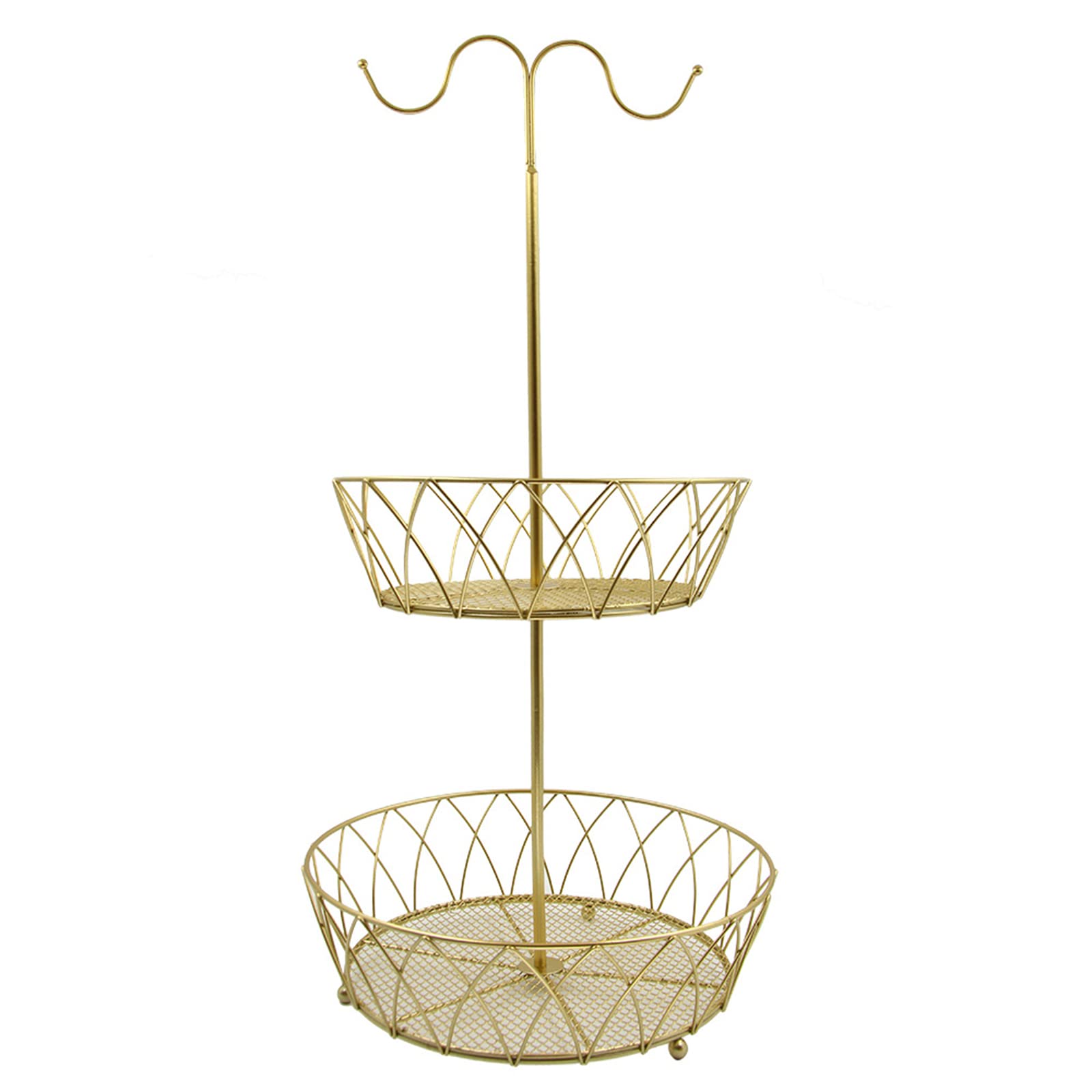 2-Tier Rectangle Countertop Fruit Basket with Detachable Banana Hanger - Wrought Iron Snack Storage Tray in Gold | Perfect for Kitchen Counter, Dining Table & Pantry Organization