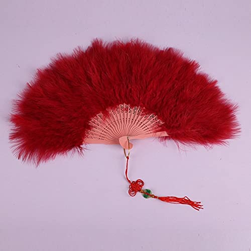 1pc White Feather Hand Fan - Flapper Costume Accessory for Dancing, Parties, and Vintage Themed Events - Folding Handheld Goose Feather Fan in Wine Red - Perfect for Burlesque, Halloween, and Gatsby Parties