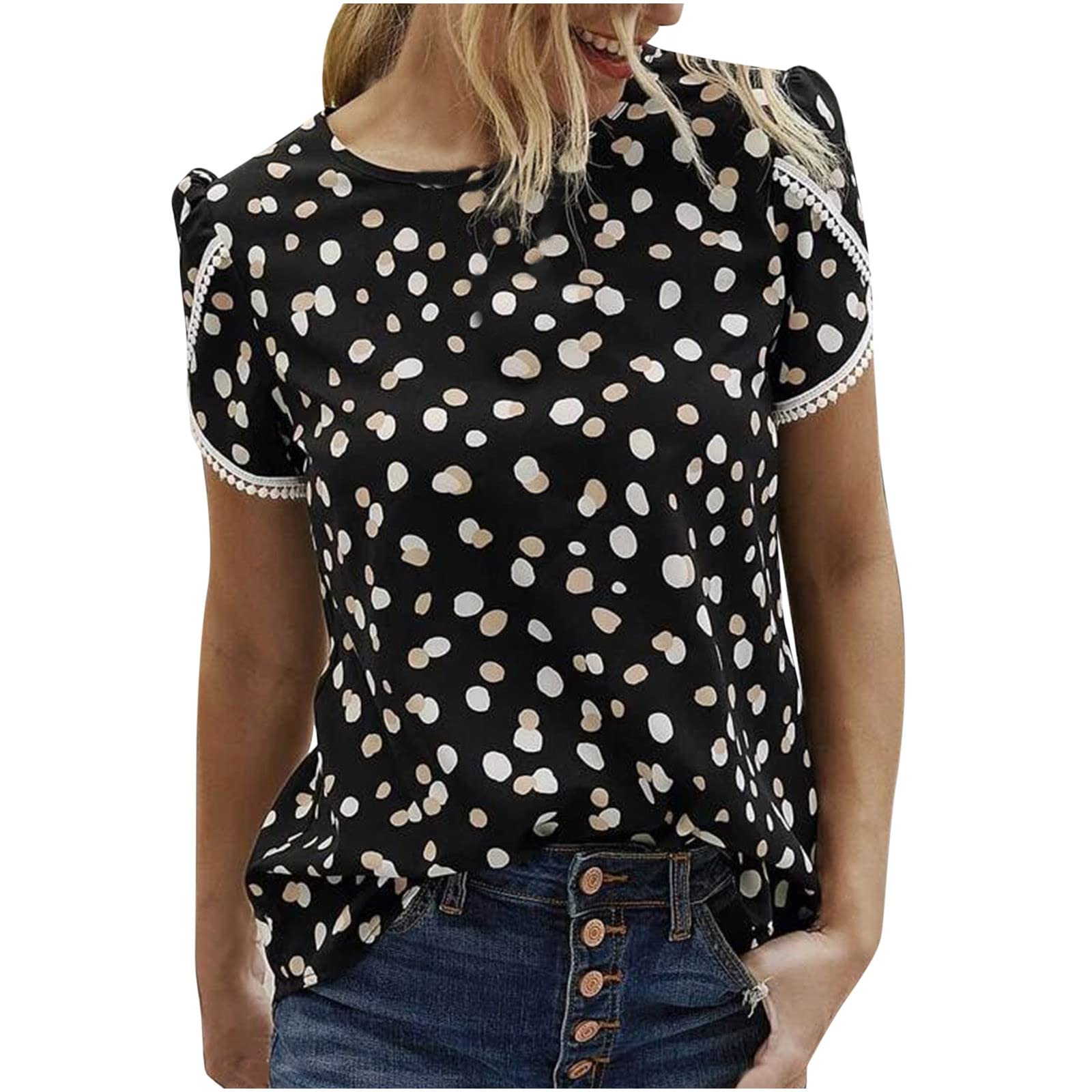 Women's Polka Dot Lace Trim T-Shirt - Casual Summer Top for Outings