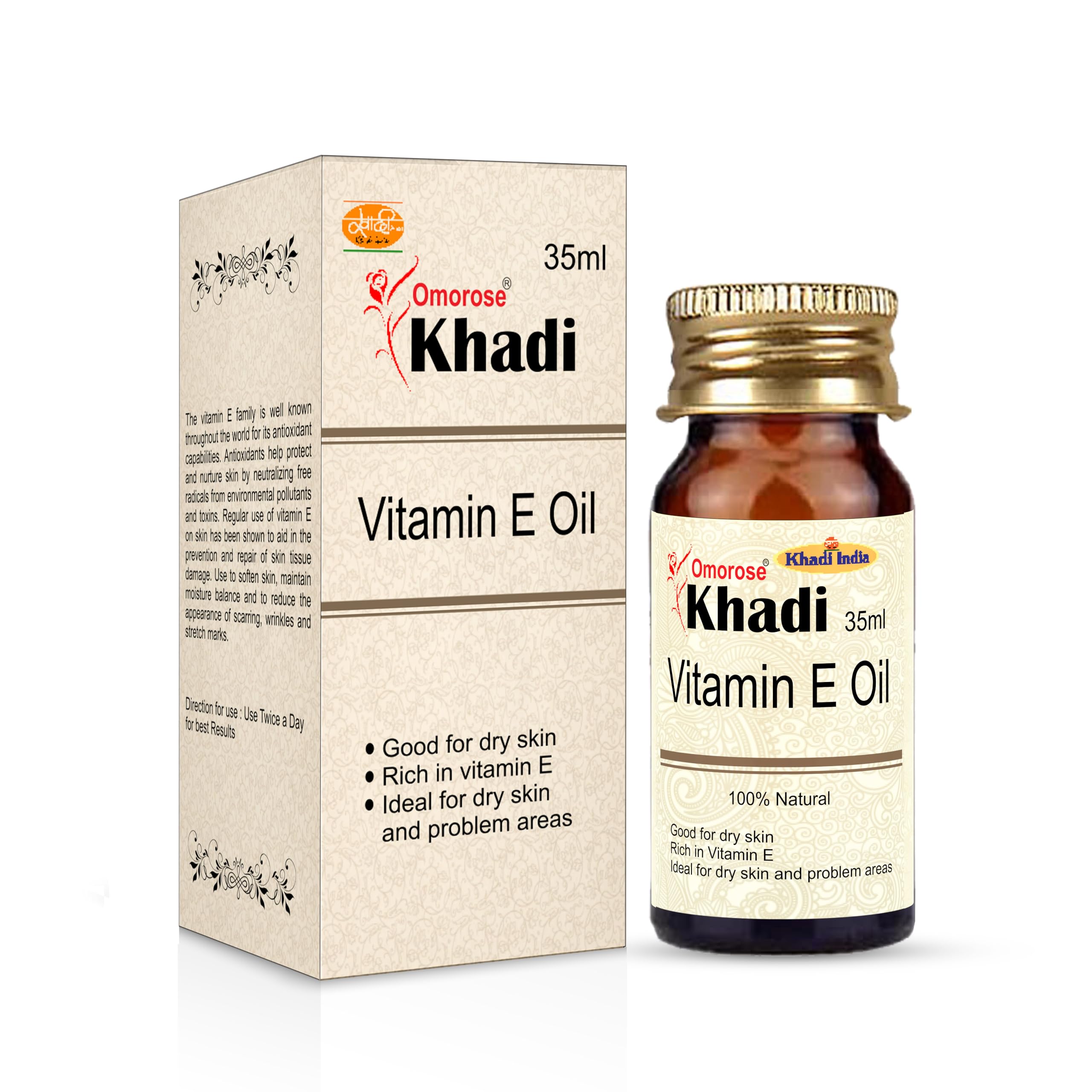 Khadi Omorose Vitamin E Oil (35 ml) - Pure & Natural Skin Care for Hydration & Anti-Aging - Perfect for Face, Hair & Body Moisturizing