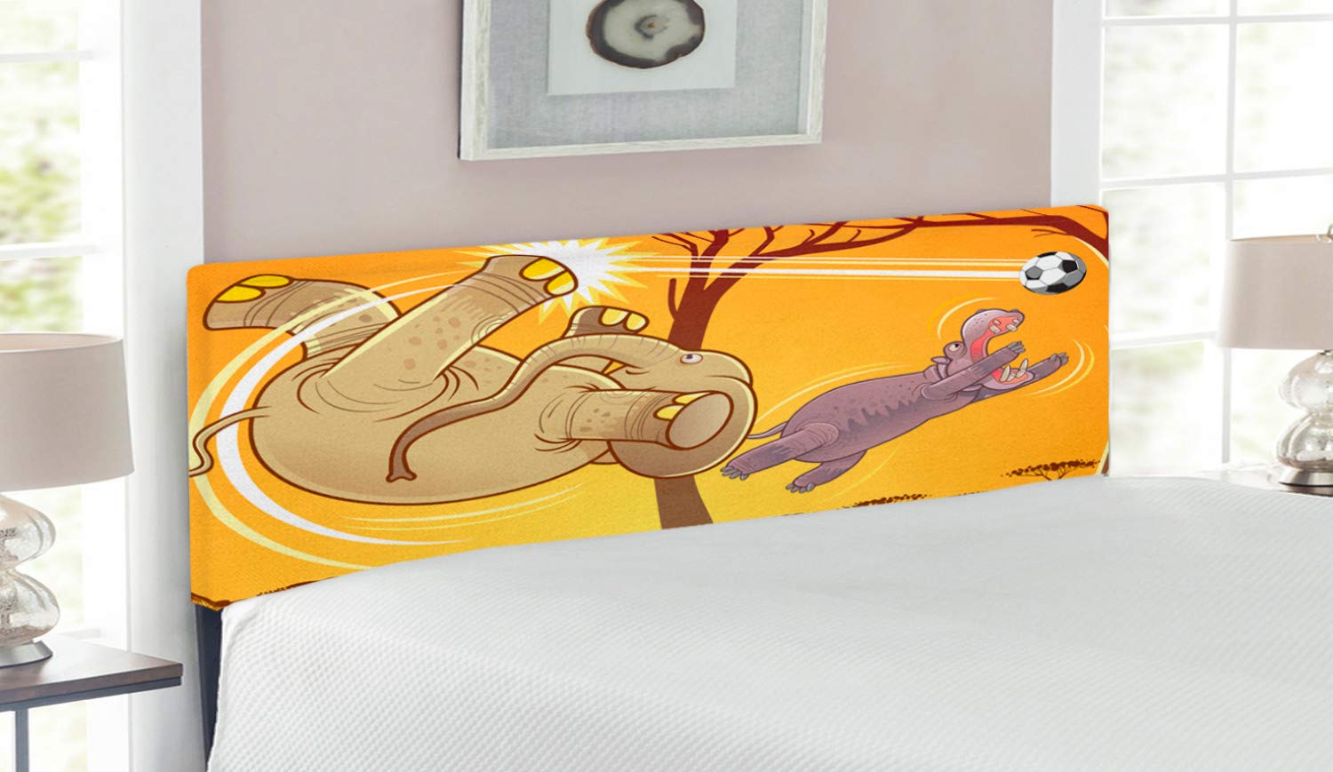 Ambesonne Elephant Headboard - Queen Size Upholstered Metal Bed Frame with Memory Foam, Cartoon Animal Print (Elephant & Hippo Playing Football) in Orange Umber Purple - Perfect for Kids' Bedroom, Nursery Decor or Themed Guest Room