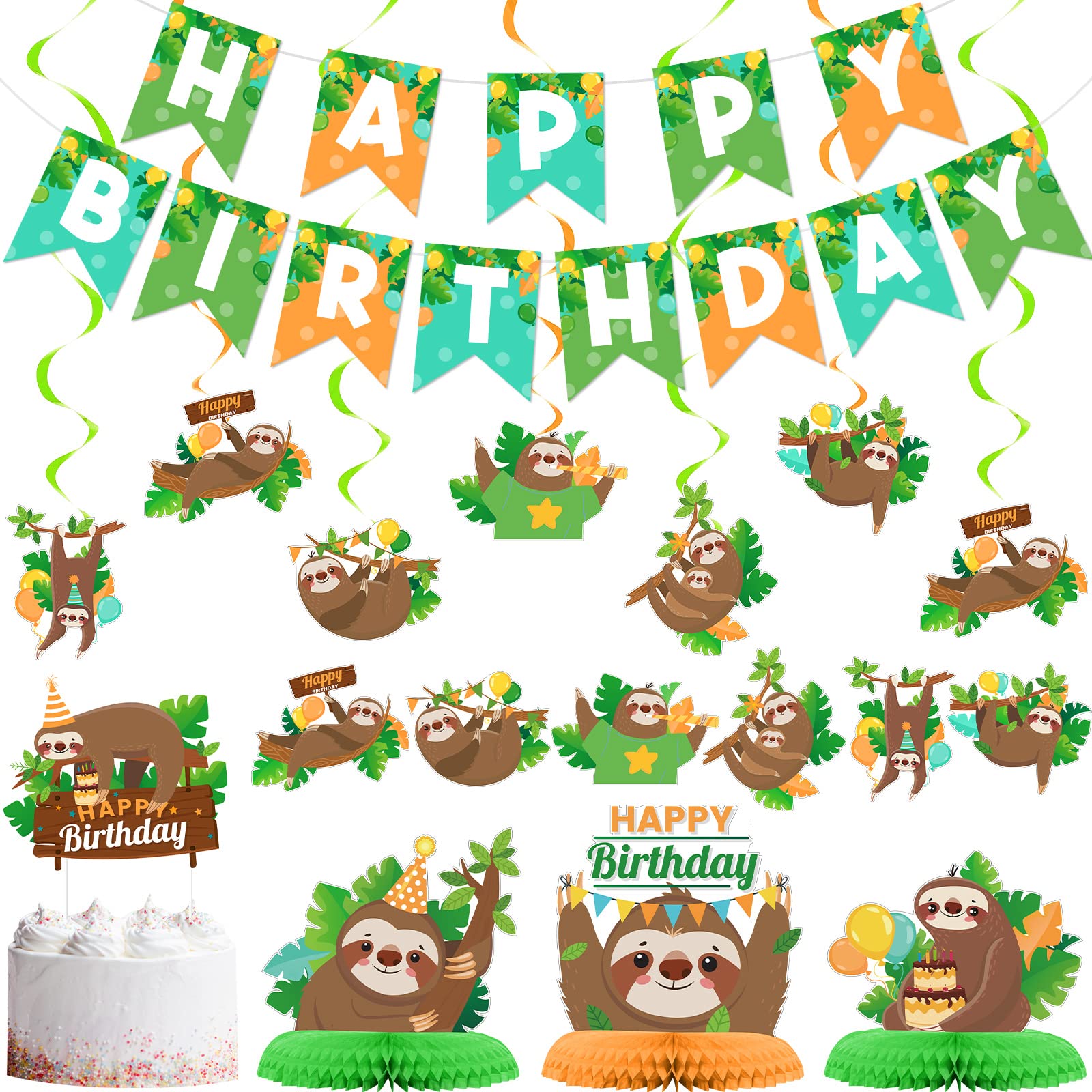 Sloth Birthday Party Decorations Set - Sloth Theme Happy Birthday Banner, Cake Toppers & 3-Piece Honeycomb Table Centerpieces for Baby Showers, Kids Birthdays & Sloth-Themed Events