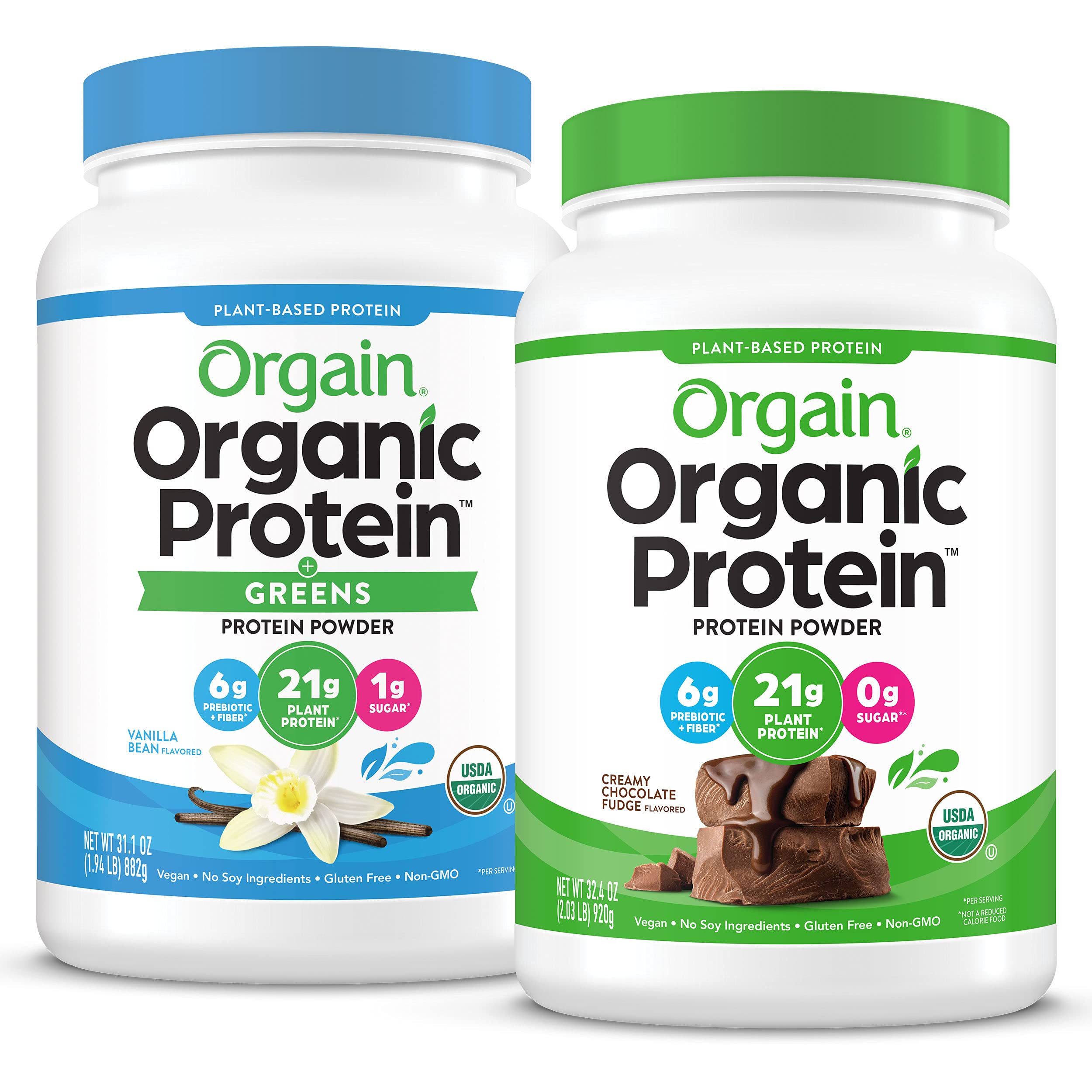 Orgain Organic Vegan Protein Powder + Greens, Vanilla Bean & Creamy Chocolate Fudge - 21g Plant Based Protein, Gluten Free, Dairy Free, Soy Free, No Sugar Added, Kosher - Supports Gut Health with Iron & Prebiotics - Perfect for Smoothies, Shakes & Post-Workout Recovery - 1.94lb & 2.03lb Pack