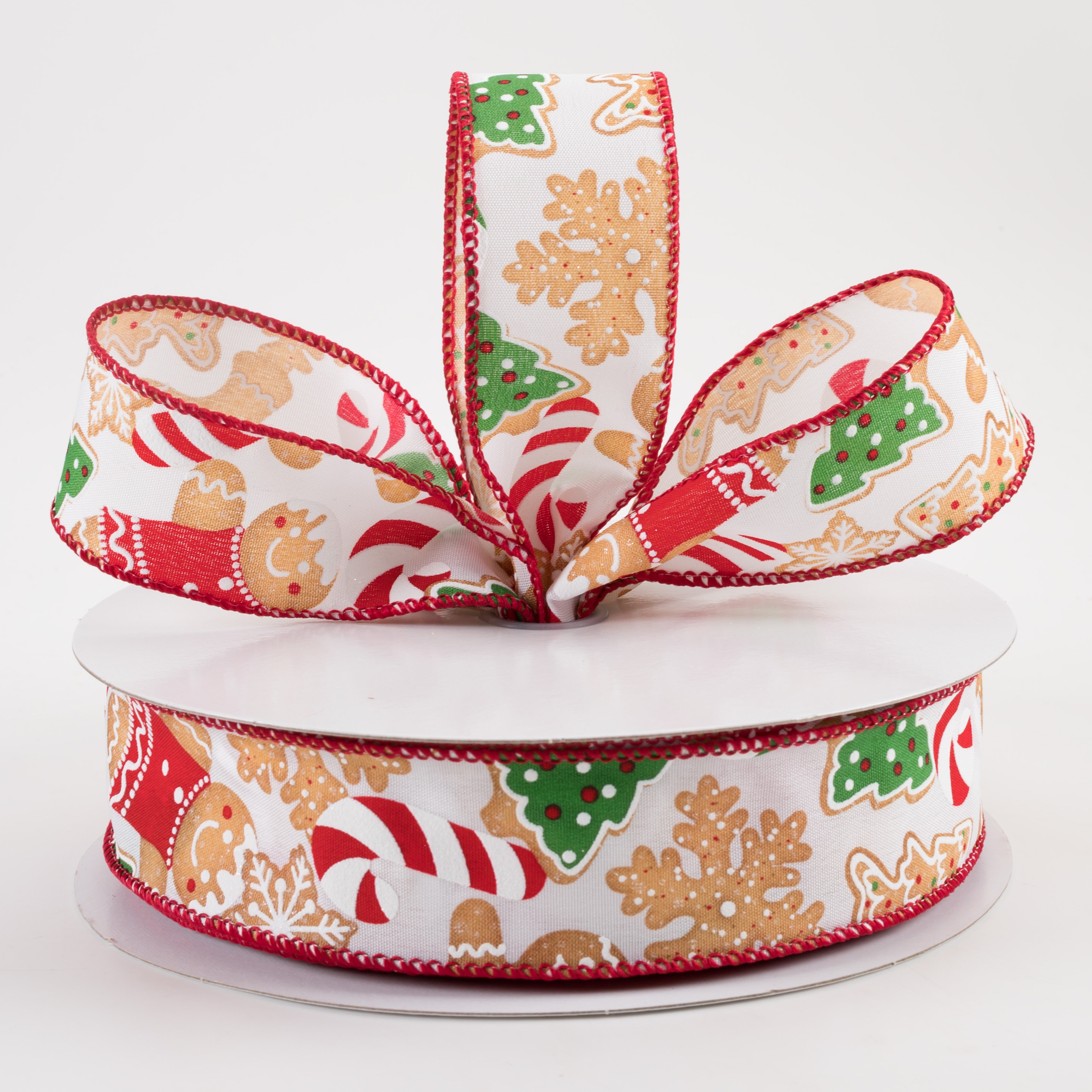 1.5 Inch Gingerbread Cookies Candy Cane Ribbon - White Christmas Decorative Ribbon (50 Yards) for Gift Wrapping, Tree Decorations & Holiday Crafts
