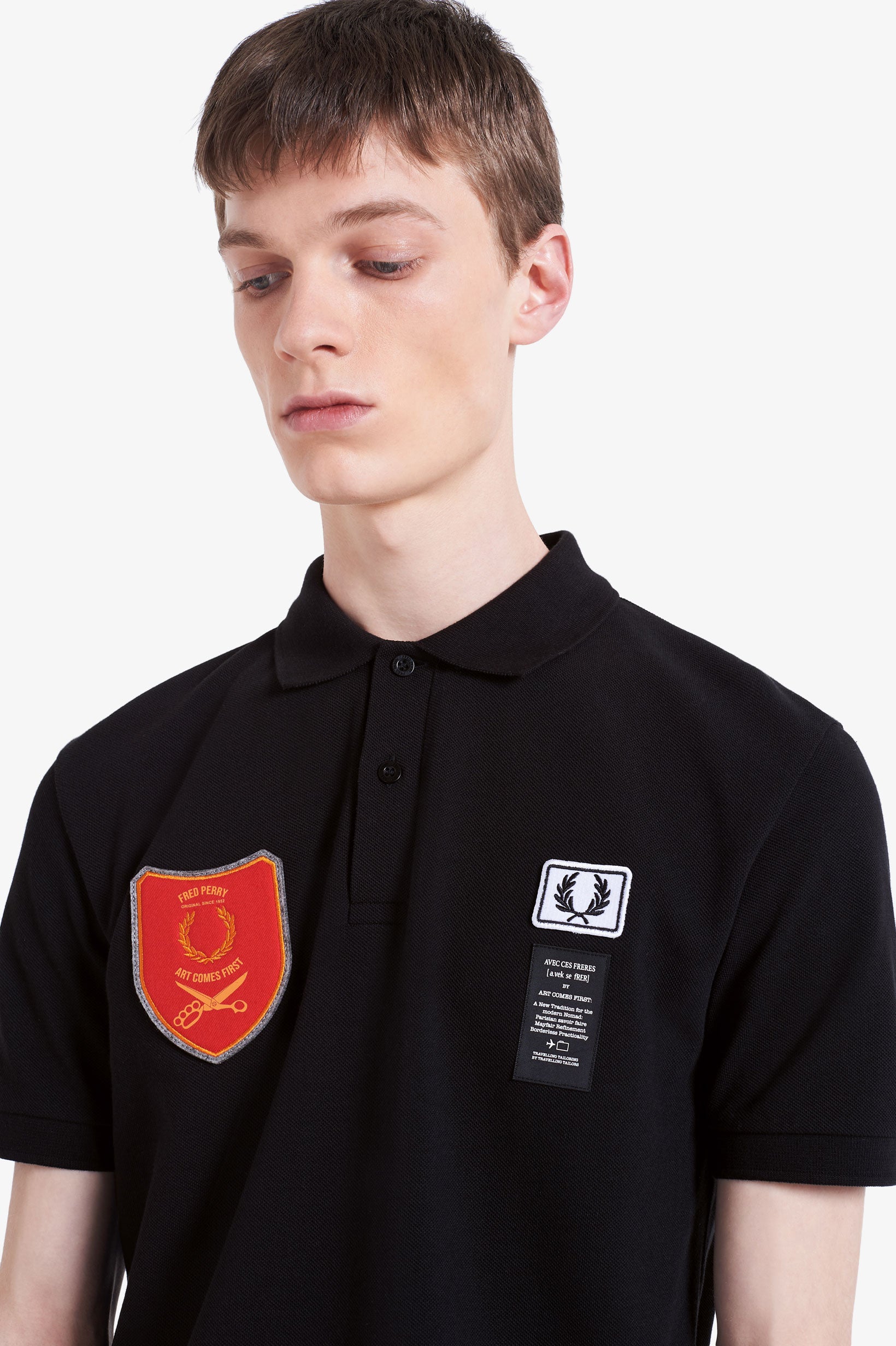 Fred Perry X Art Comes First Shield Patch Polo Shirt - Men's Classic Cotton Short Sleeve Collared Shirt | Vintage-Inspired Fashion for Casual Wear & Street Style Outfits
