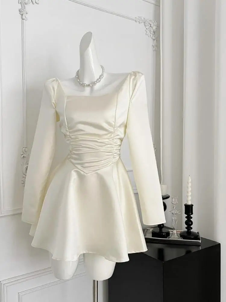 2024 Women's Fashion Square Neck Long Sleeve Pleated Mini Dress - Elegant High Waist Party Dress in Beige | Perfect for Cocktail Parties, Date Nights & Holiday Events
