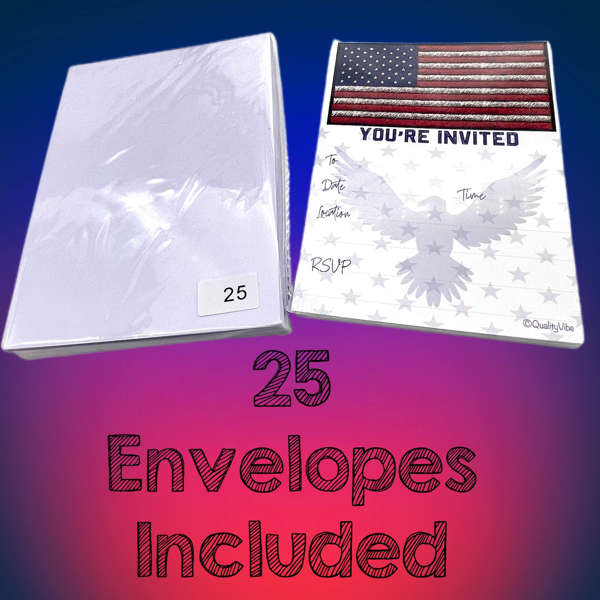 25 Premium American Flag Patriotic Invitations with Envelopes - Perfect for Academy Awards Party, Flag Day Celebrations & Military Welcome Home Events - Thick Non-Coated Cardstock Works with Any Pen - Ideal for Patriotic Parties, 4th of July & Veterans Day Gatherings