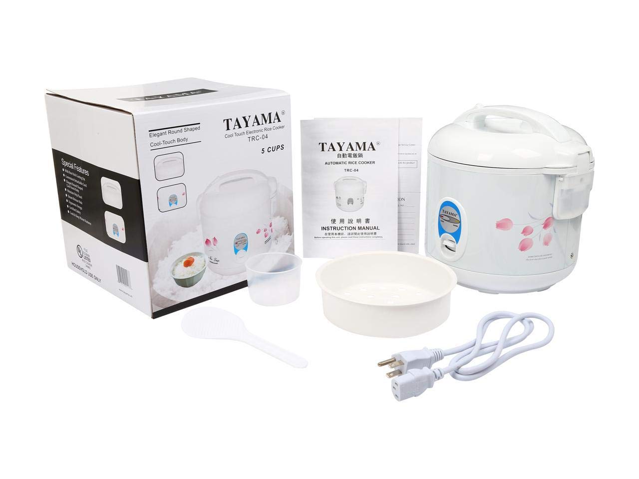 TRC-04 5-Cup Rice Cooker with Steam Basket - Cool Touch Exterior, Automatic Keep Warm Function - Perfect for Small Kitchens, Dorms & Office Lunch Prep (White)