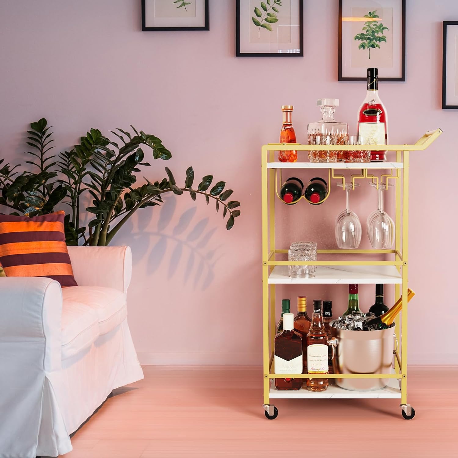 3 Tier Bar Cart with Lockable Wheels - Gold Rolling Serving Cart for Wine, Coffee & Beverages | Mini Liquor Utility Cart for Home Kitchen, Bars & Dinner Parties | Perfect for Entertaining Guests & Stylish Drink Display