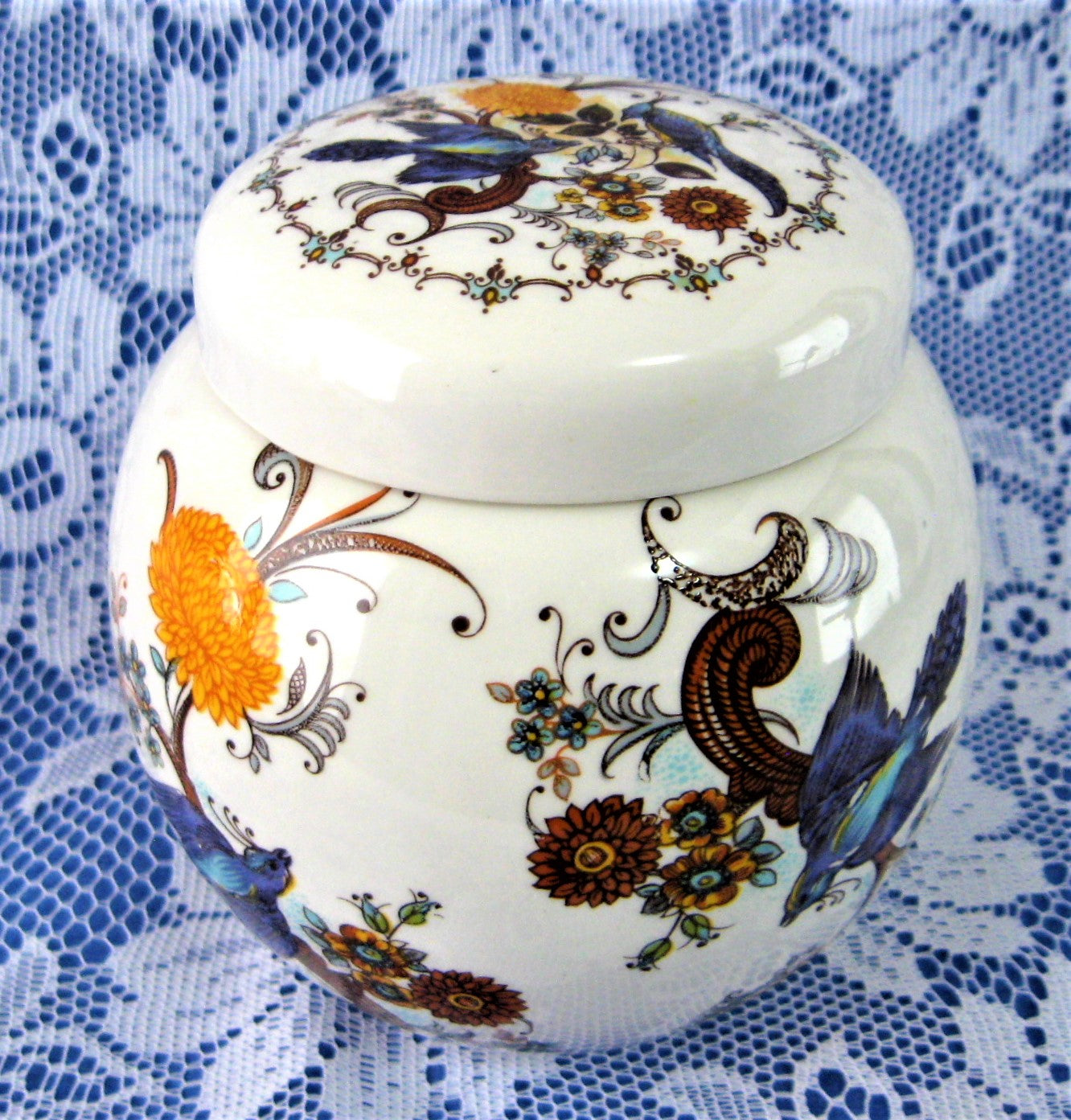 Vintage 1970s Sadler Ginger Jar Tea Caddy - Floral Bird Pattern Ceramic Canister for Tea Storage & Kitchen Decor | Perfect for English Tea Time, Countryside Kitchen Display, and Collectible Home Decor
